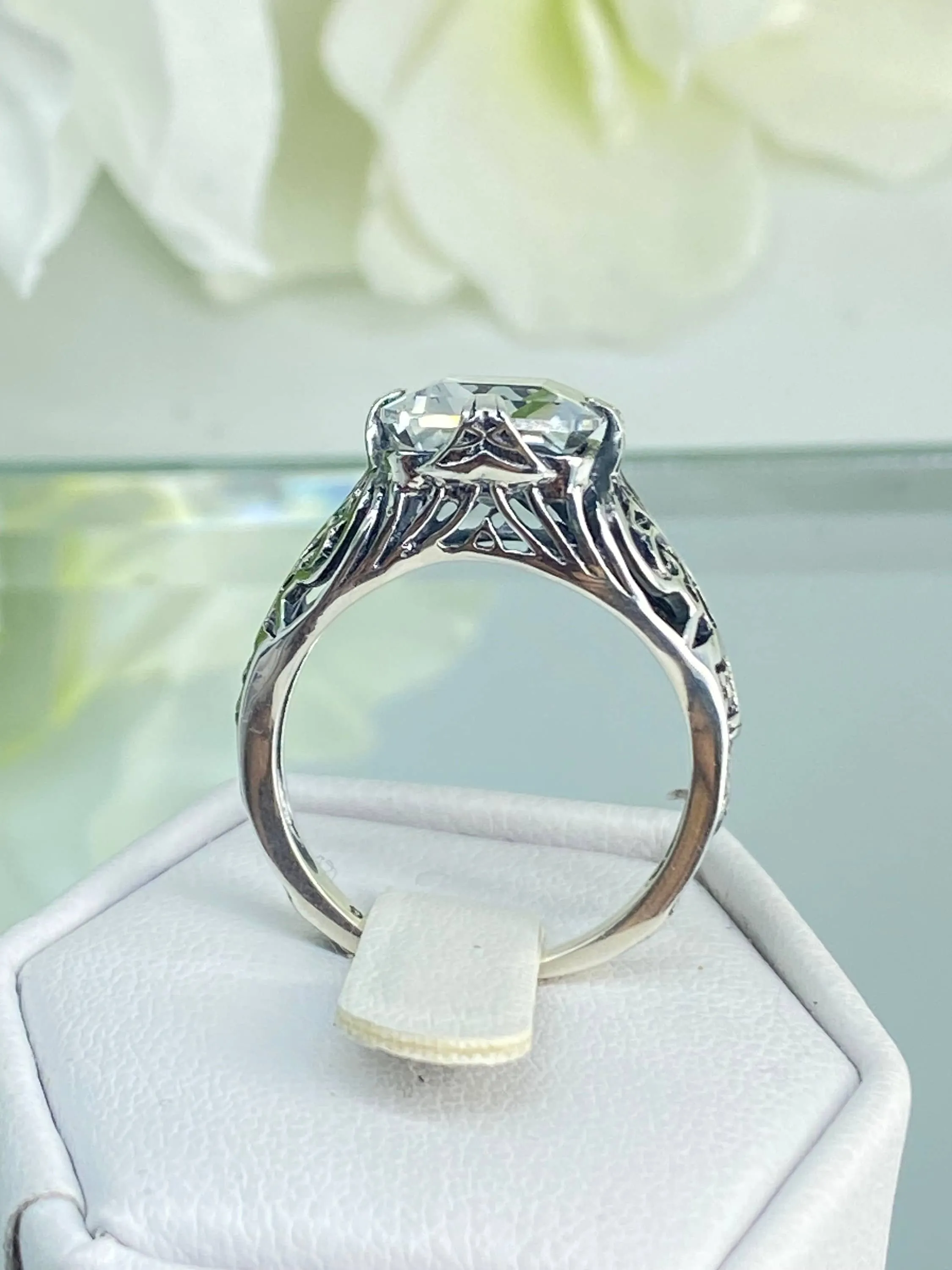 Natural White Topaz Ring, 10k, 14k White Gold or Silver, Victorian Scroll Filigree D46