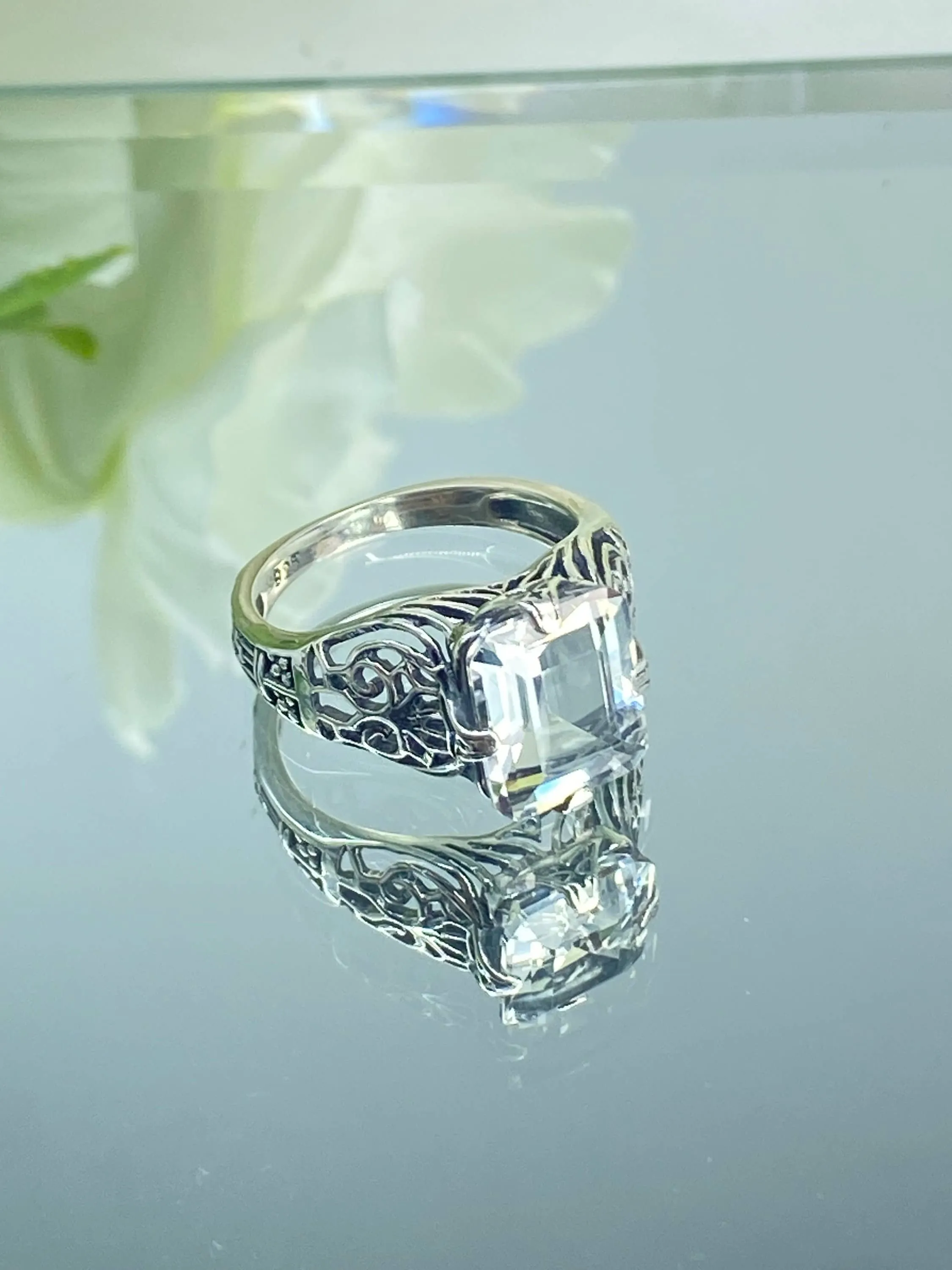 Natural White Topaz Ring, 10k, 14k White Gold or Silver, Victorian Scroll Filigree D46