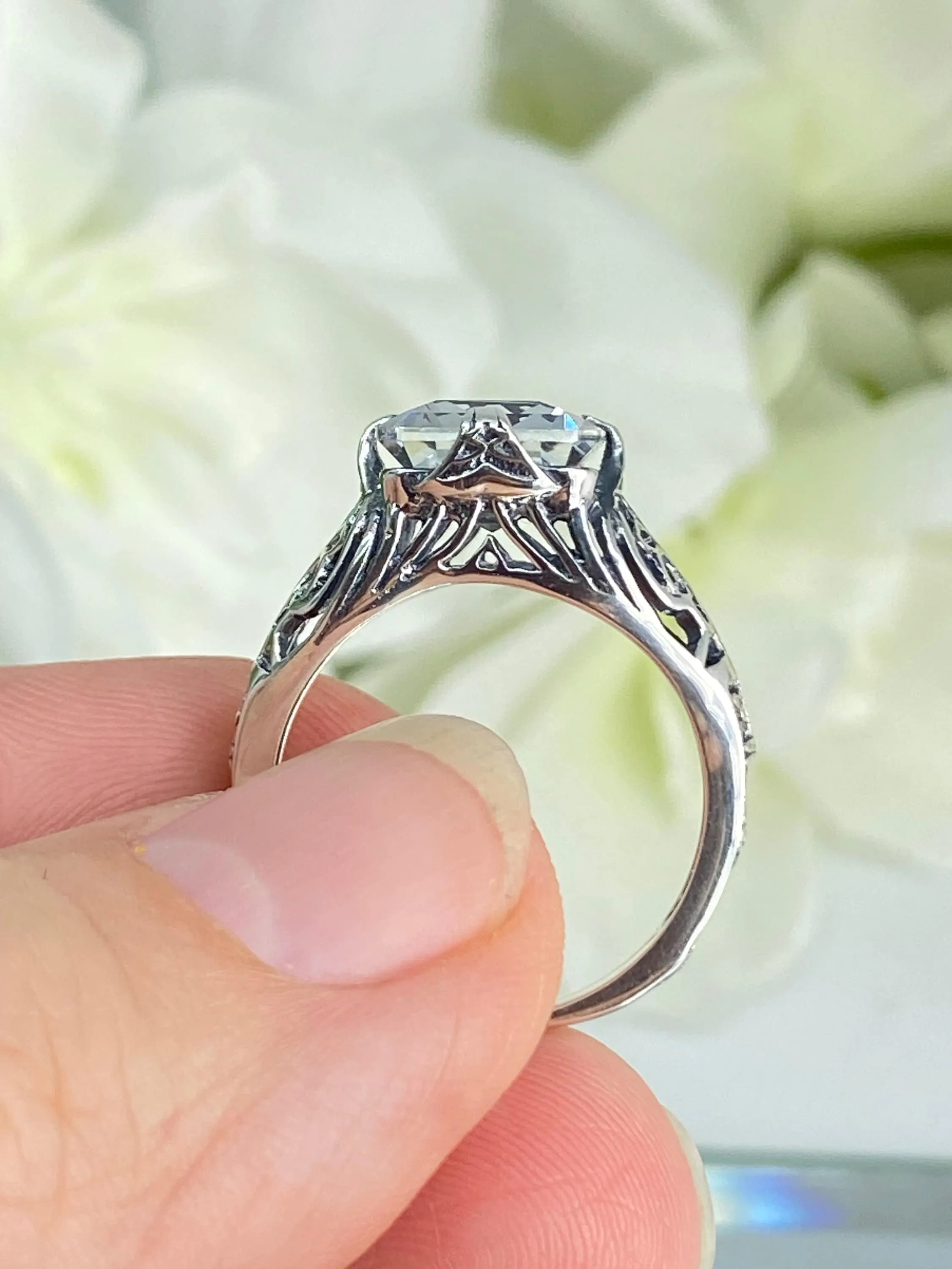 Natural White Topaz Ring, 10k, 14k White Gold or Silver, Victorian Scroll Filigree D46