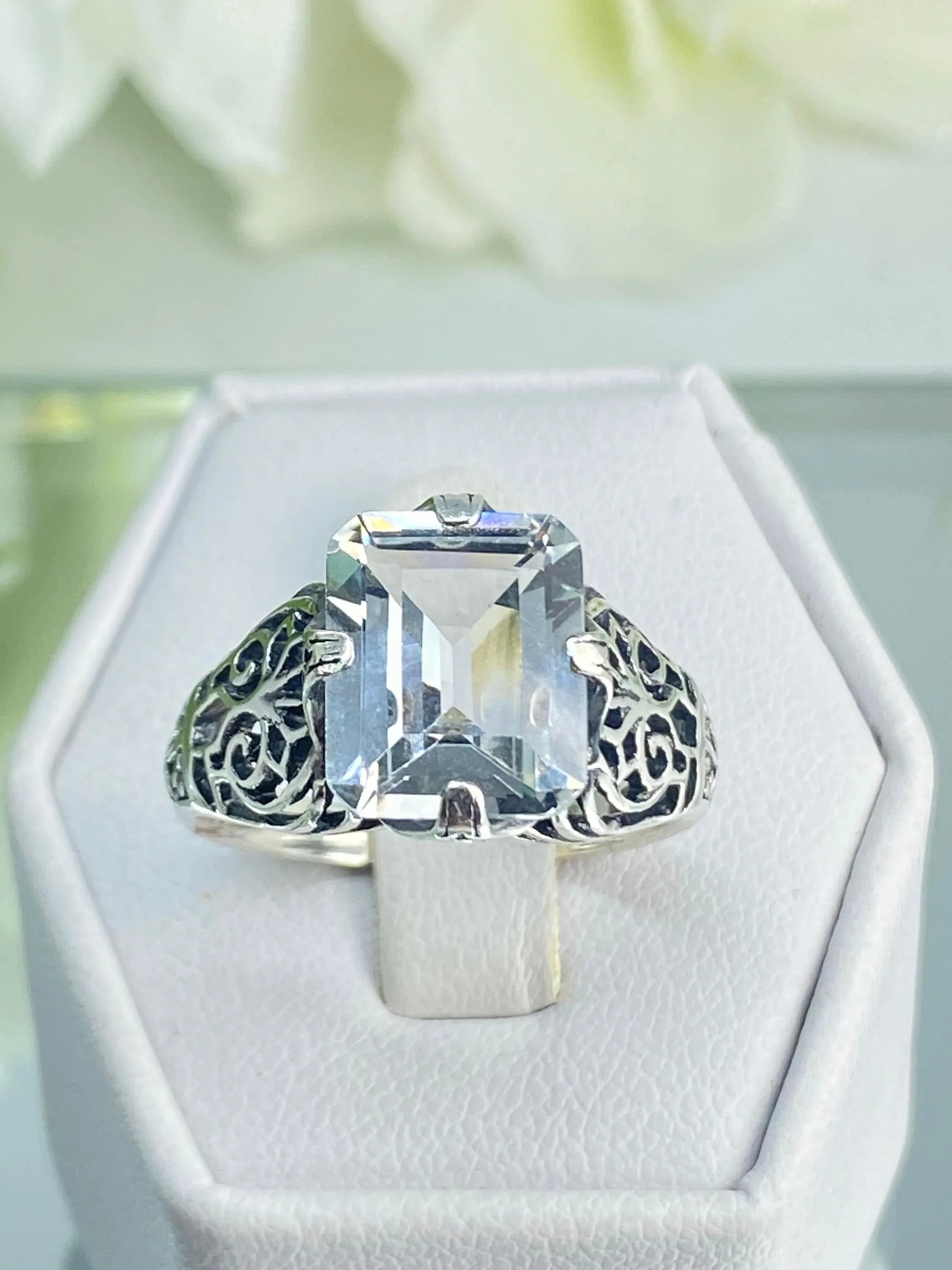 Natural White Topaz Ring, 10k, 14k White Gold or Silver, Victorian Scroll Filigree D46