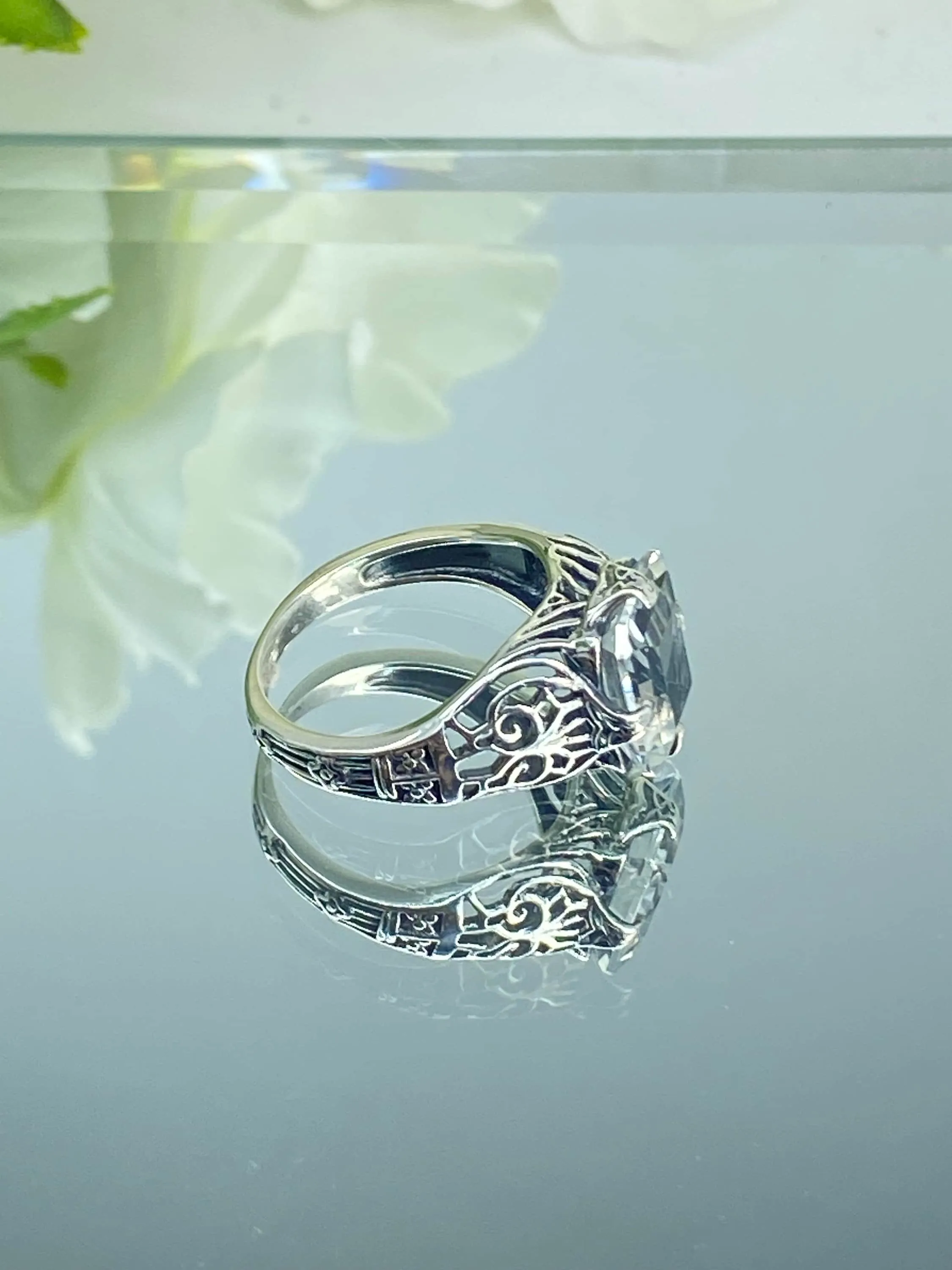 Natural White Topaz Ring, 10k, 14k White Gold or Silver, Victorian Scroll Filigree D46