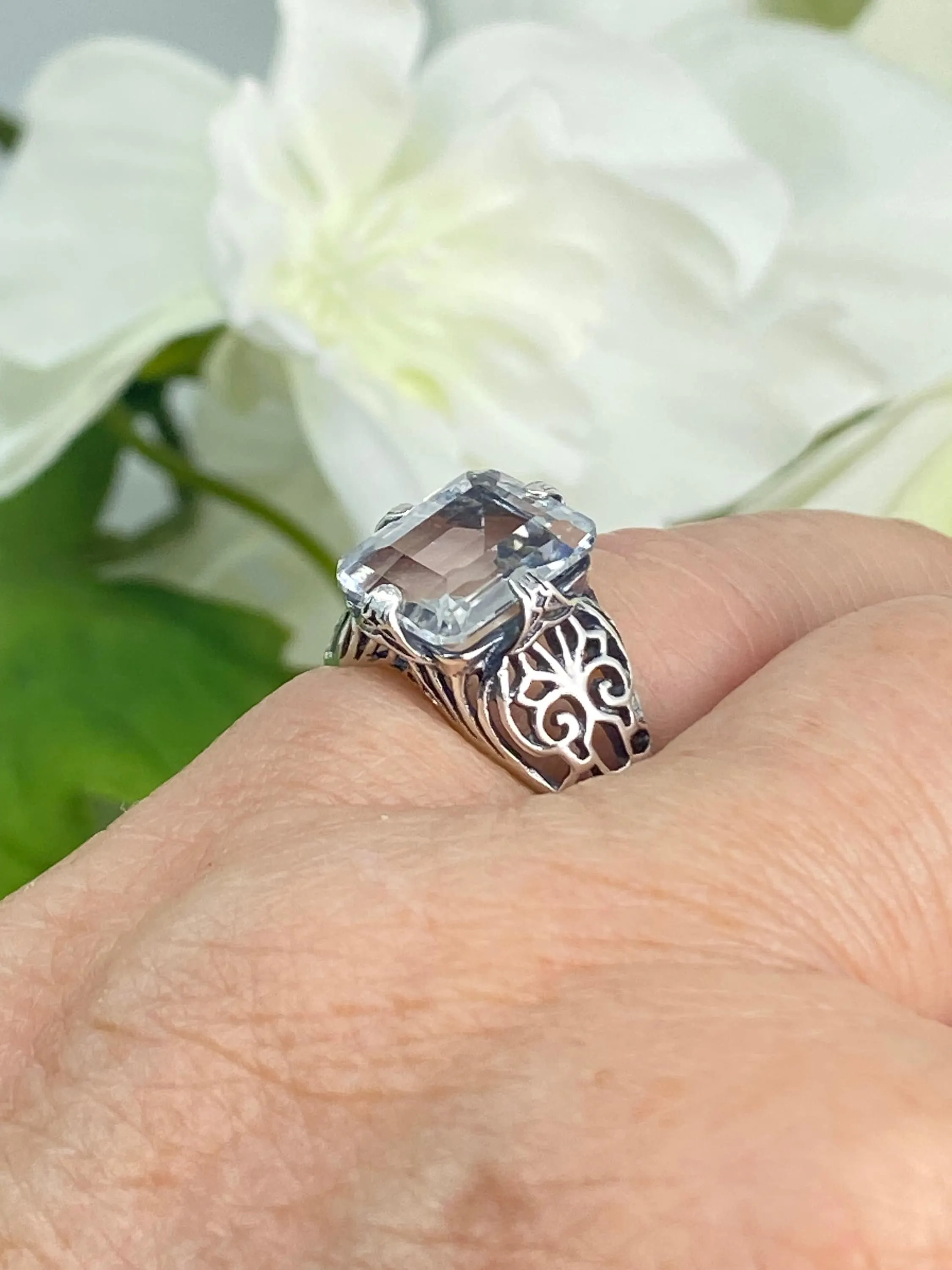 Natural White Topaz Ring, 10k, 14k White Gold or Silver, Victorian Scroll Filigree D46