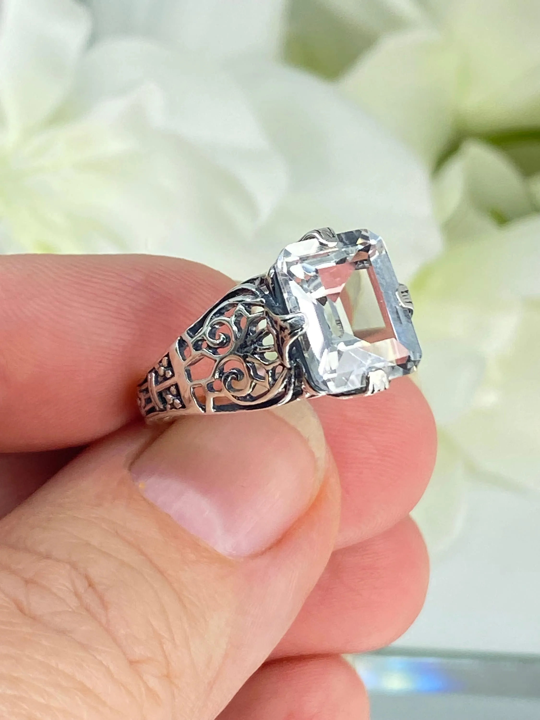 Natural White Topaz Ring, 10k, 14k White Gold or Silver, Victorian Scroll Filigree D46