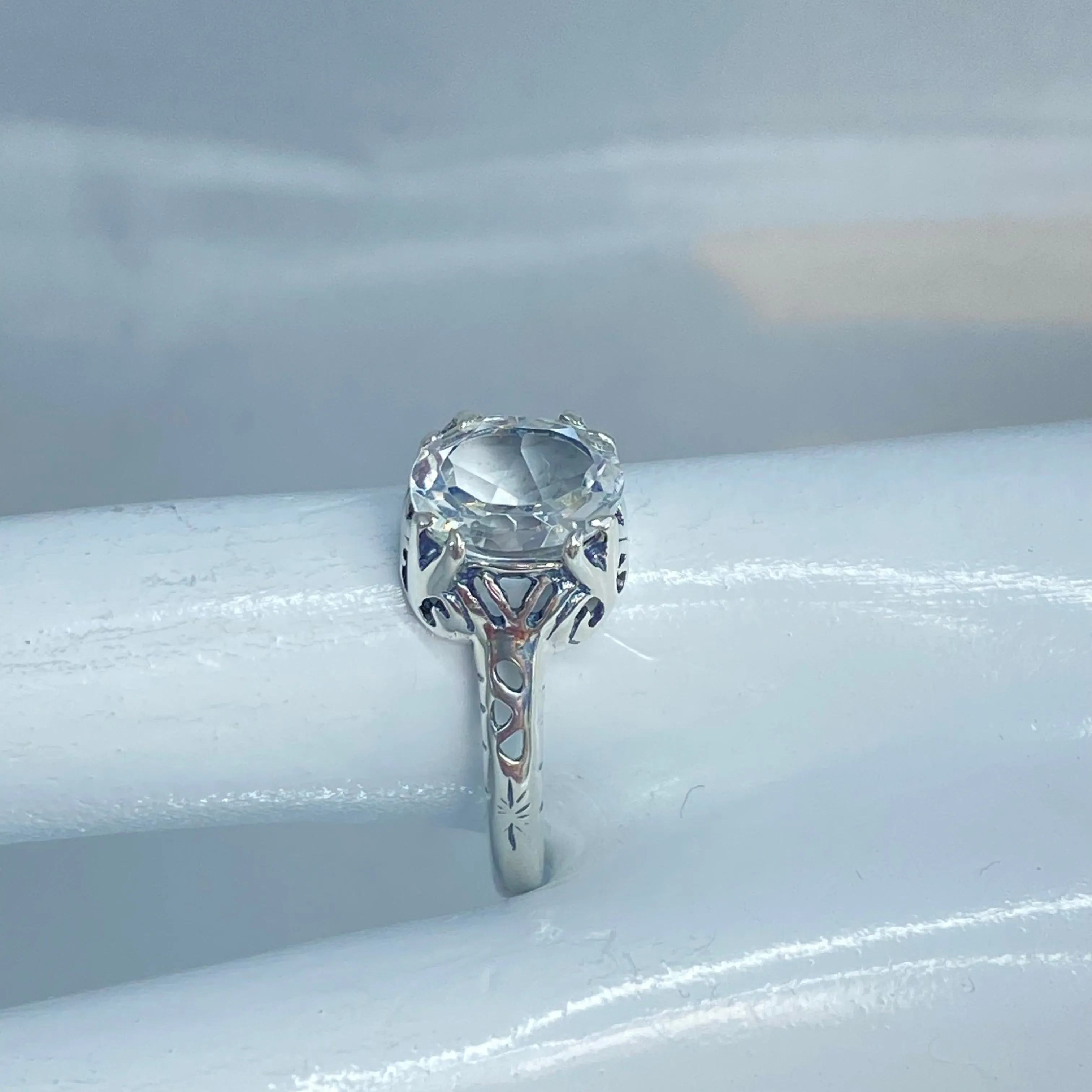 Natural White Topaz Ring, Old Victorian Style Jewelry, #D21