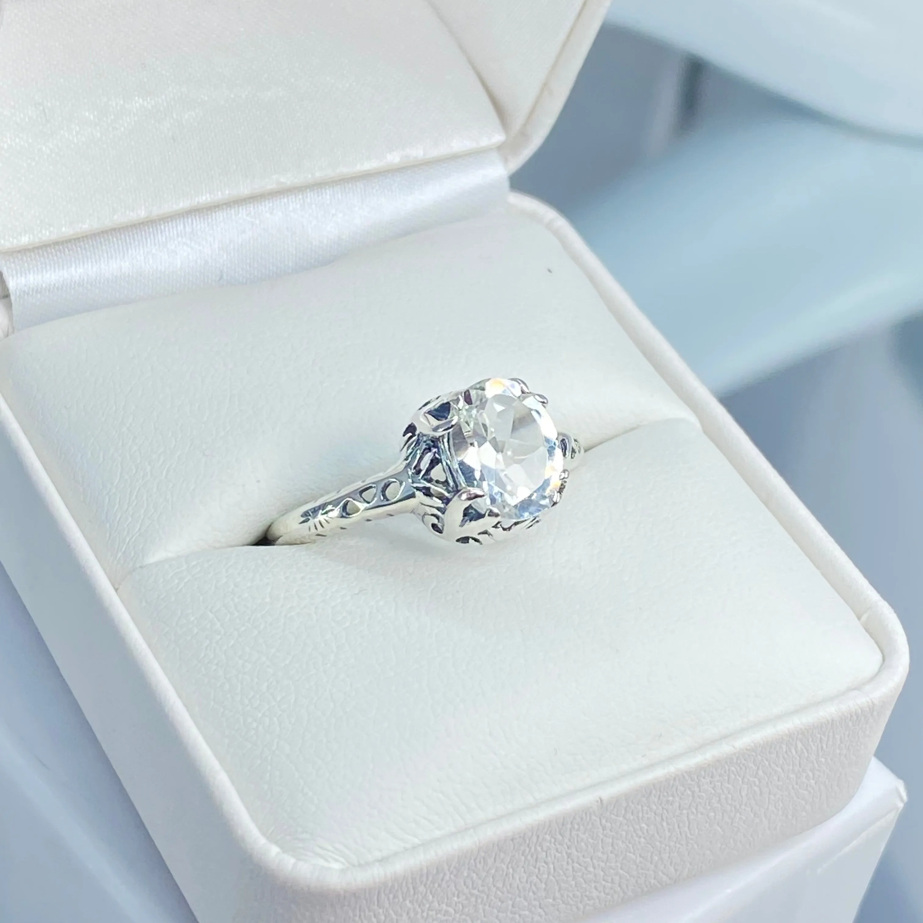 Natural White Topaz Ring, Old Victorian Style Jewelry, #D21
