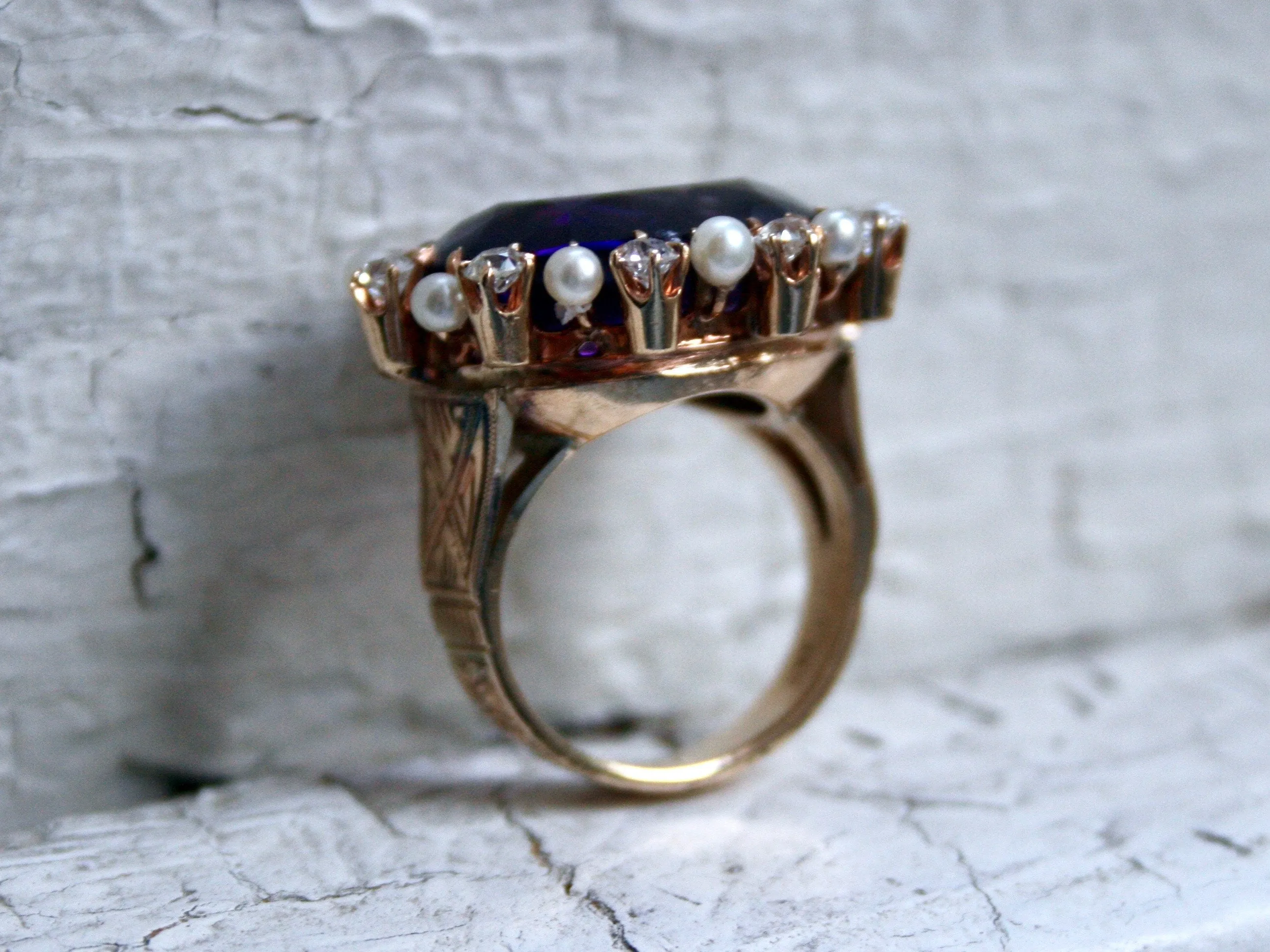 Outstanding Antique 14K Yellow Gold Amethyst Ring with Diamond and Pearl Halo - 15.70ct.