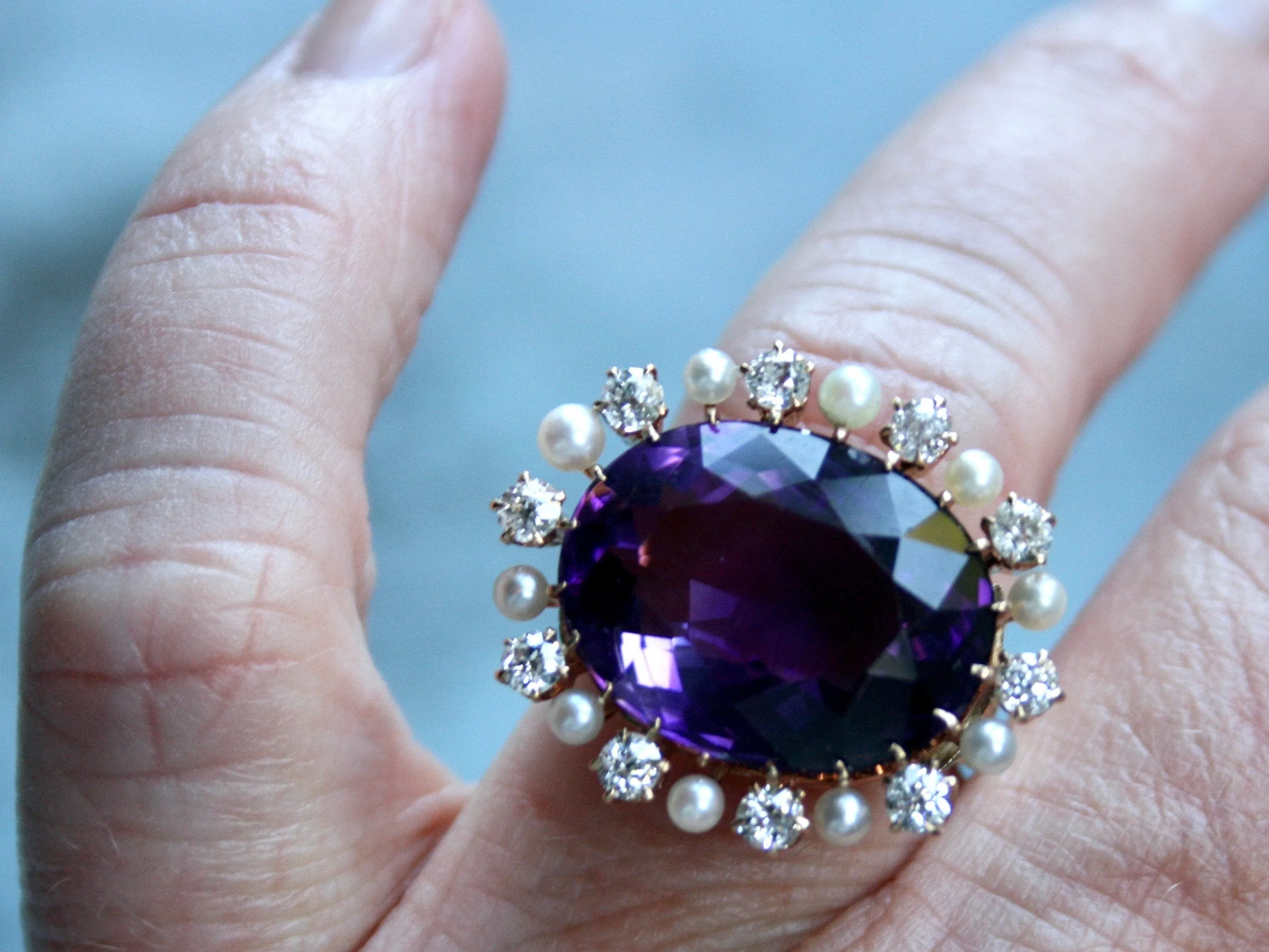 Outstanding Antique 14K Yellow Gold Amethyst Ring with Diamond and Pearl Halo - 15.70ct.