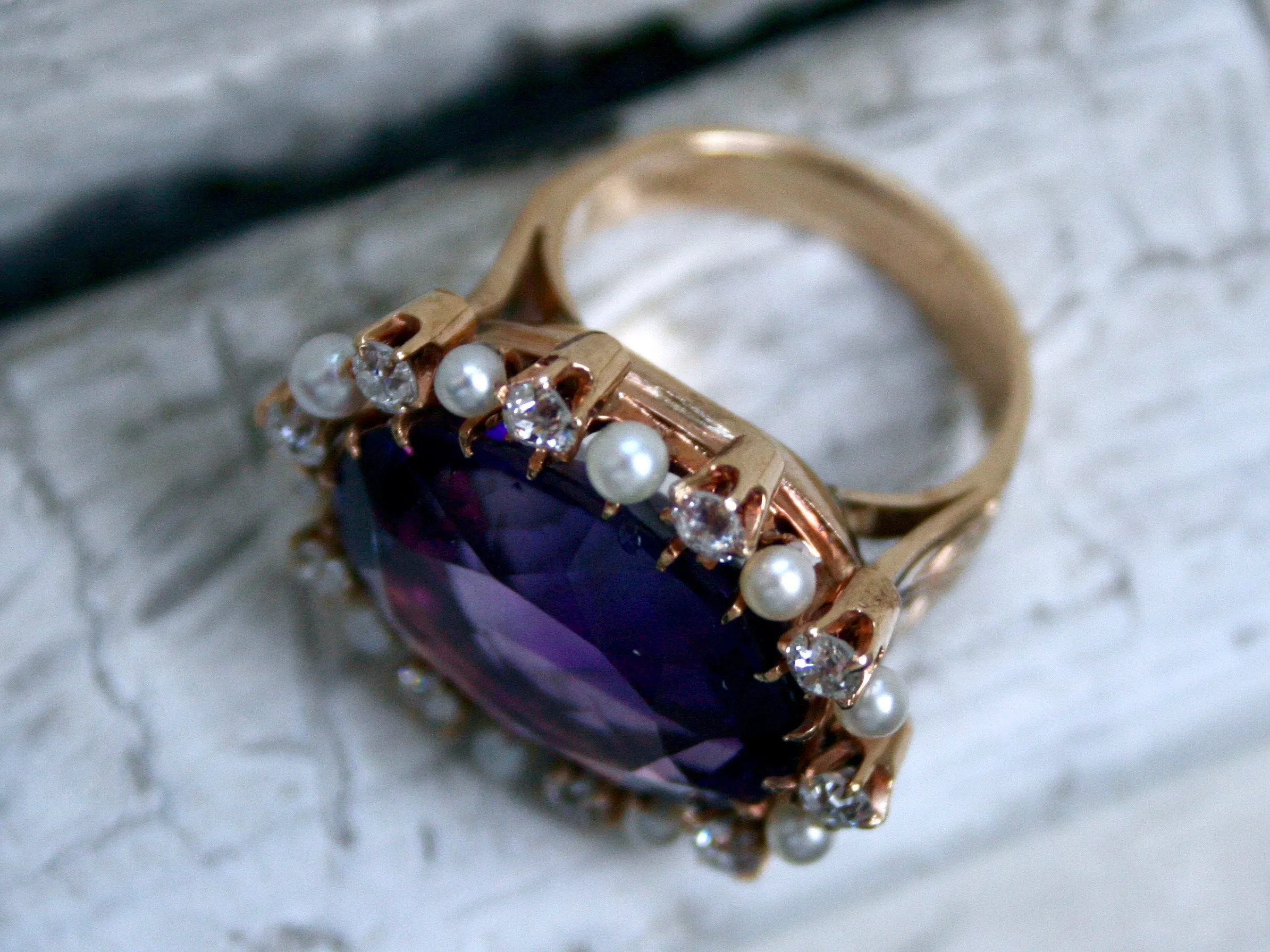 Outstanding Antique 14K Yellow Gold Amethyst Ring with Diamond and Pearl Halo - 15.70ct.