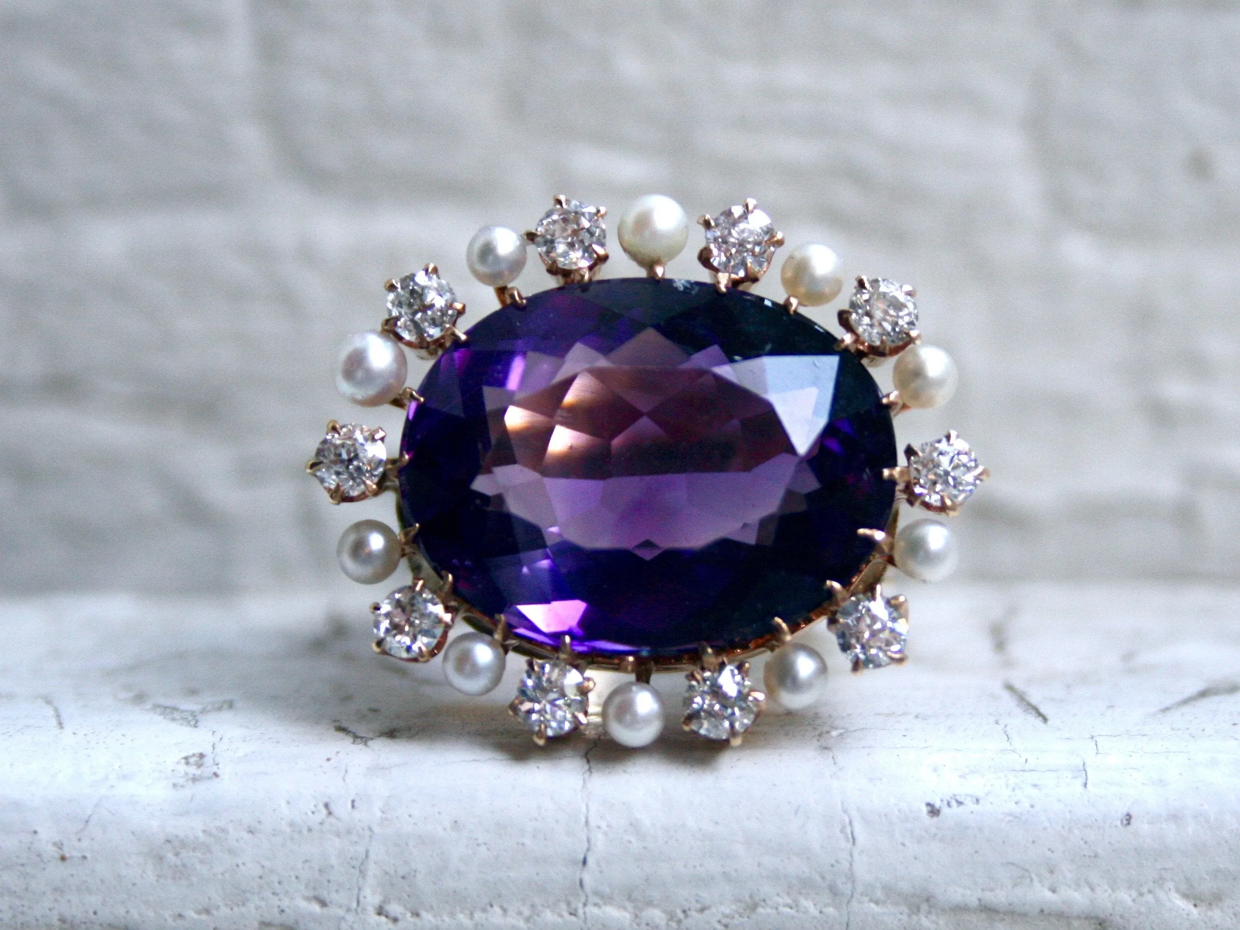 Outstanding Antique 14K Yellow Gold Amethyst Ring with Diamond and Pearl Halo - 15.70ct.