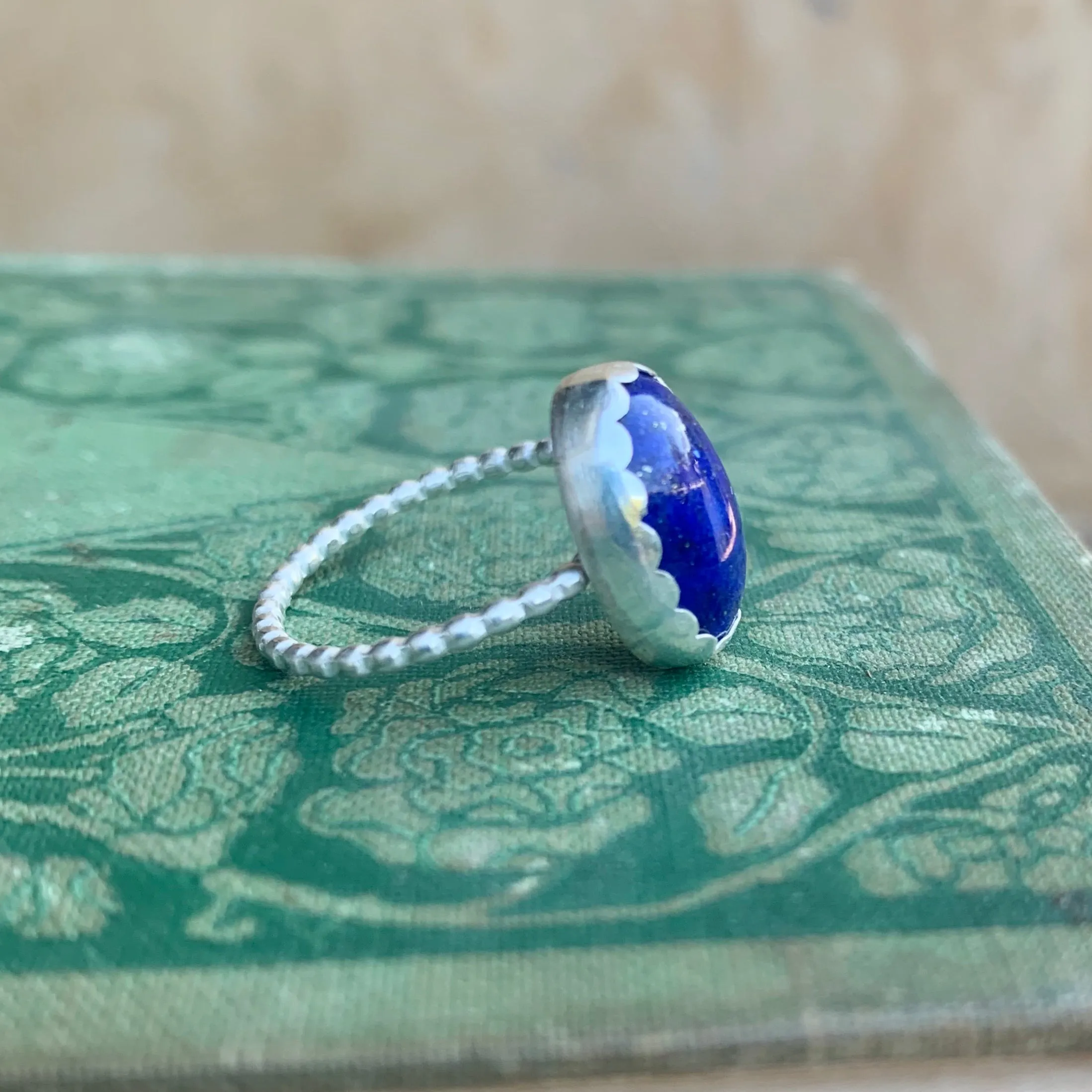 Oval Lapis Ring with Scalloped Bezel