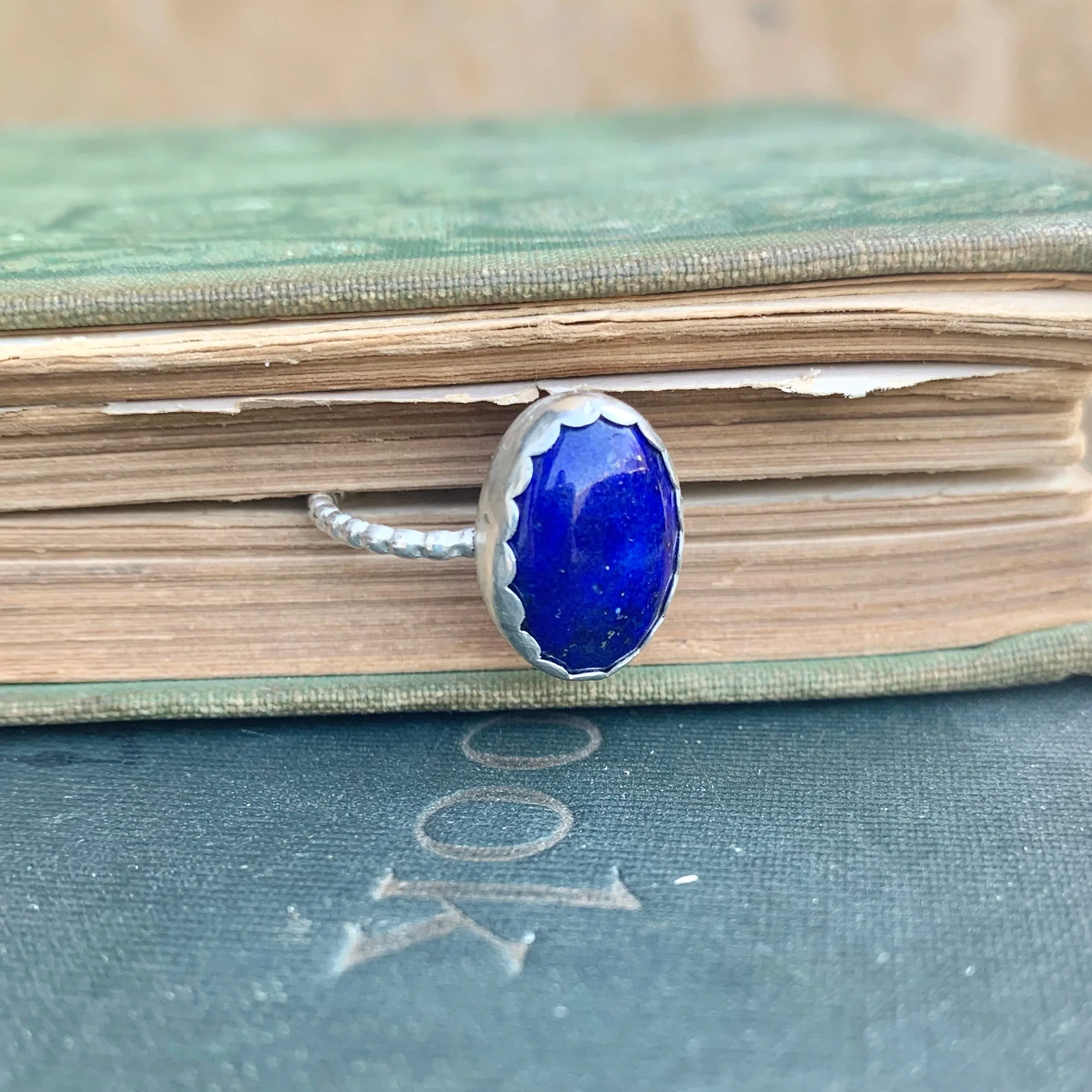 Oval Lapis Ring with Scalloped Bezel