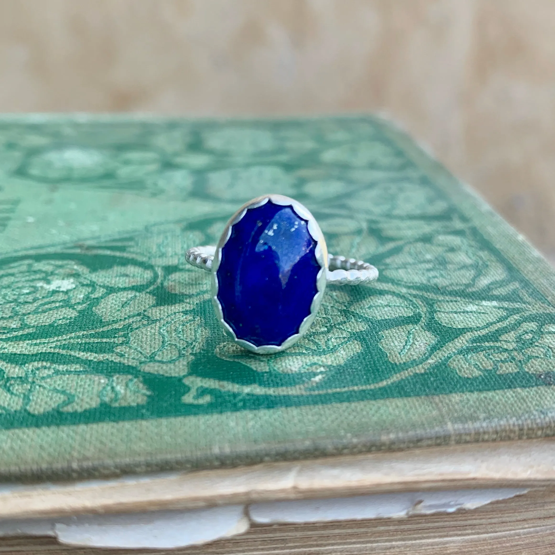 Oval Lapis Ring with Scalloped Bezel