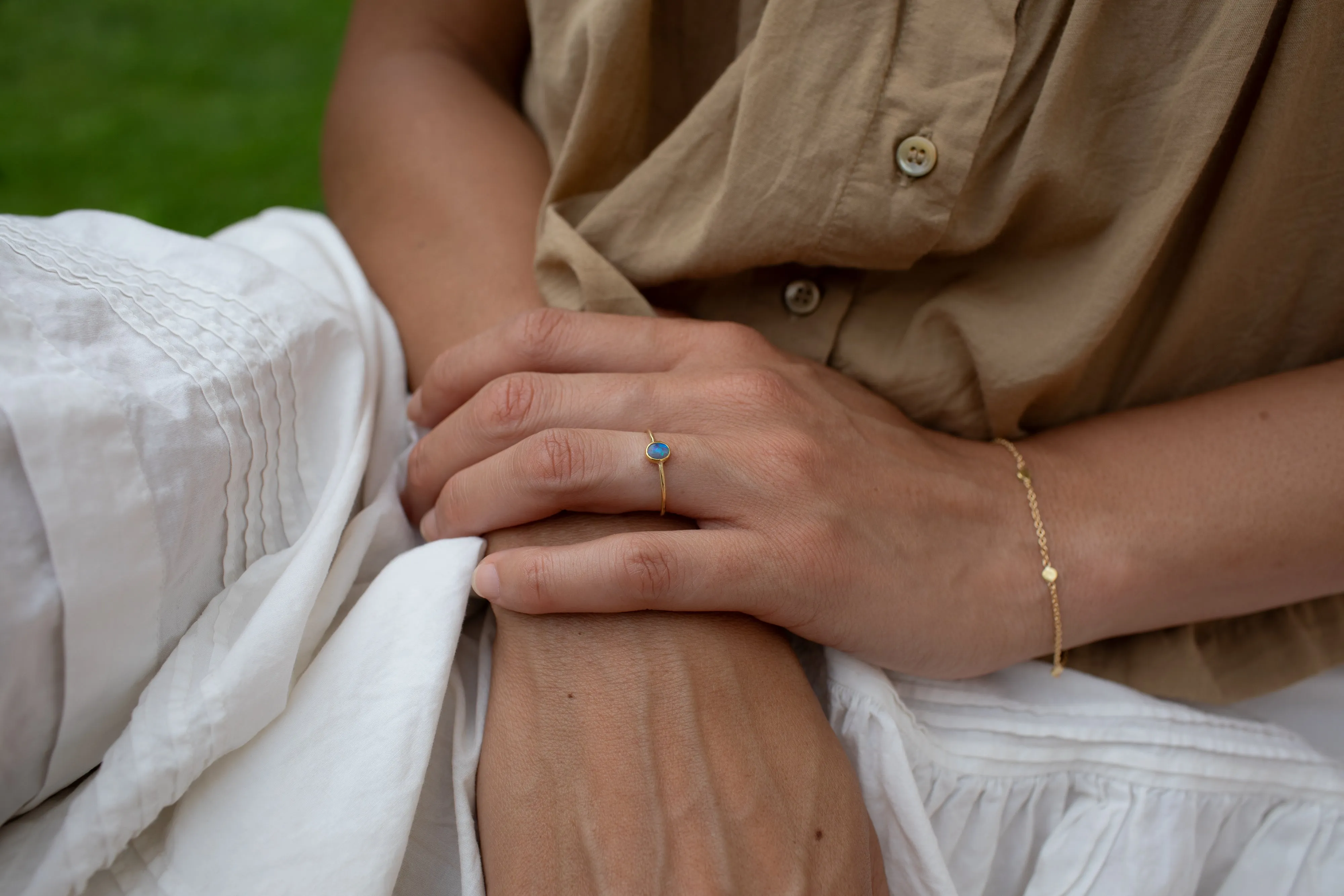Oval Opal Ring with Thin Textured Band