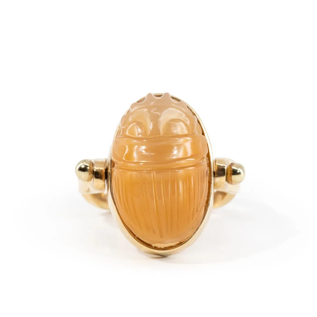 Peach Moonstone 16.51 Carat Carved Scarab 14k Handcrafted Gemstone Swivel Ring & Pendant