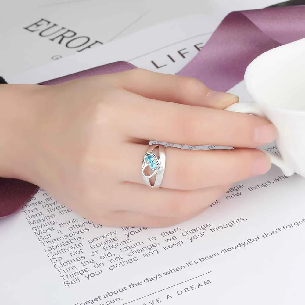 Personalized Engrave Names and Birthstone Fashion Heart Shape Ring, Jewelry Gift for Women