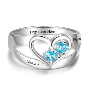 Personalized Engrave Names and Birthstone Fashion Heart Shape Ring, Jewelry Gift for Women