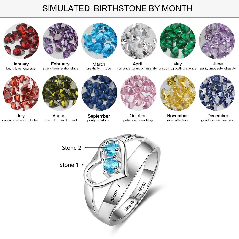 Personalized Engrave Names and Birthstone Fashion Heart Shape Ring, Jewelry Gift for Women