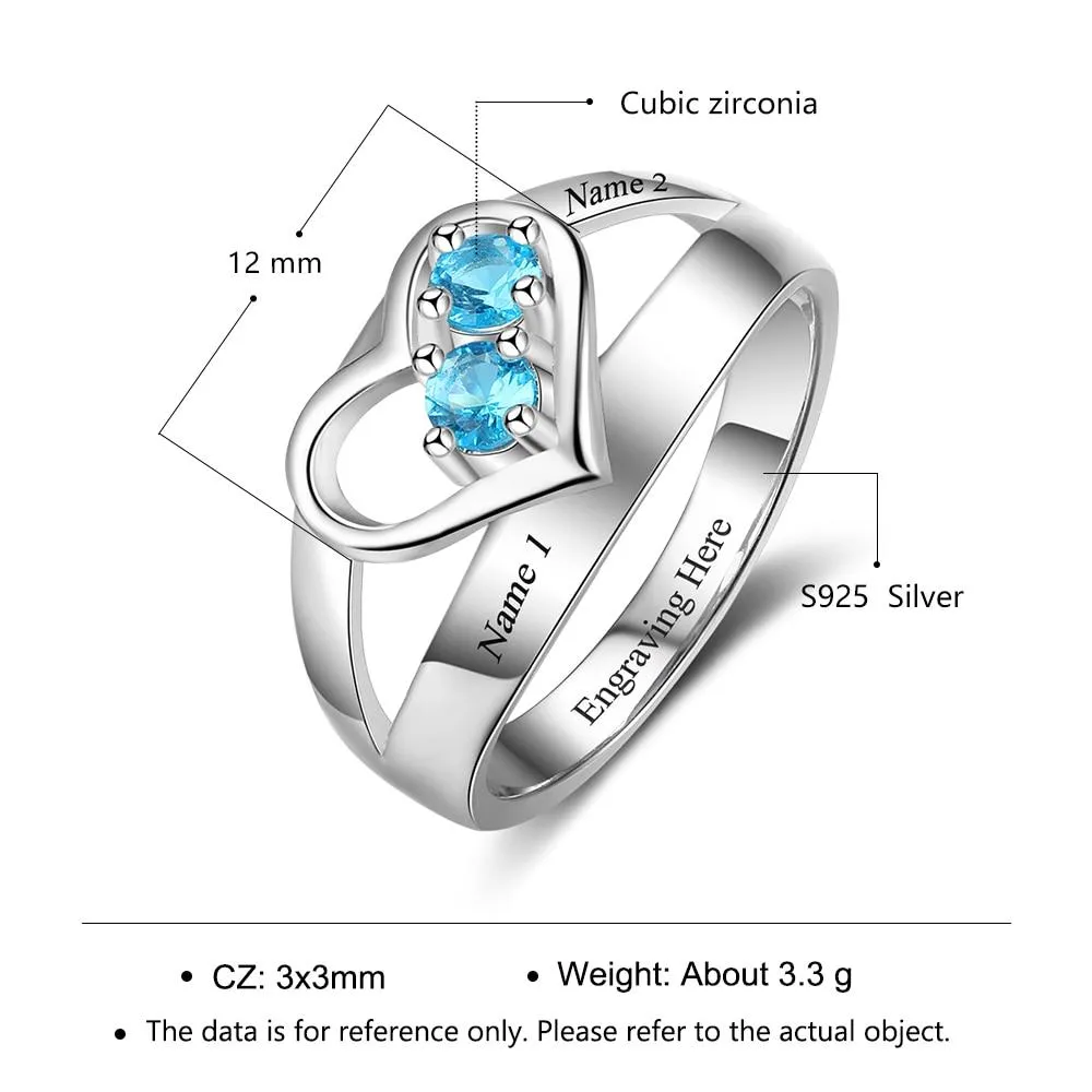 Personalized Engrave Names and Birthstone Fashion Heart Shape Ring, Jewelry Gift for Women