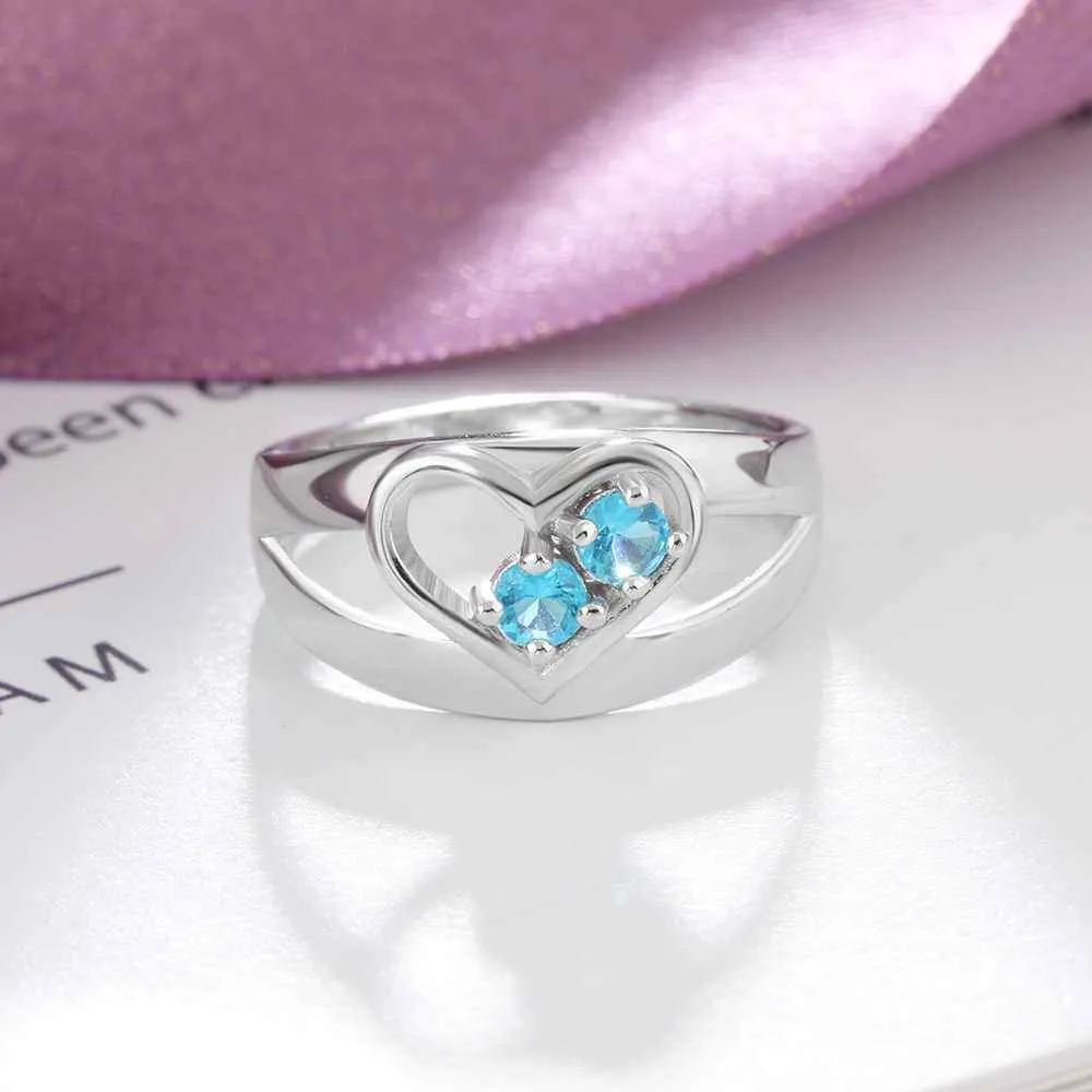 Personalized Engrave Names and Birthstone Fashion Heart Shape Ring, Jewelry Gift for Women