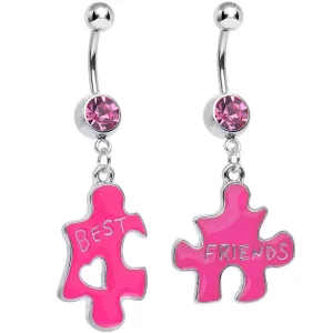 Pink Crystal Double Puzzle Piece Best Friends Dangle Belly Ring Set