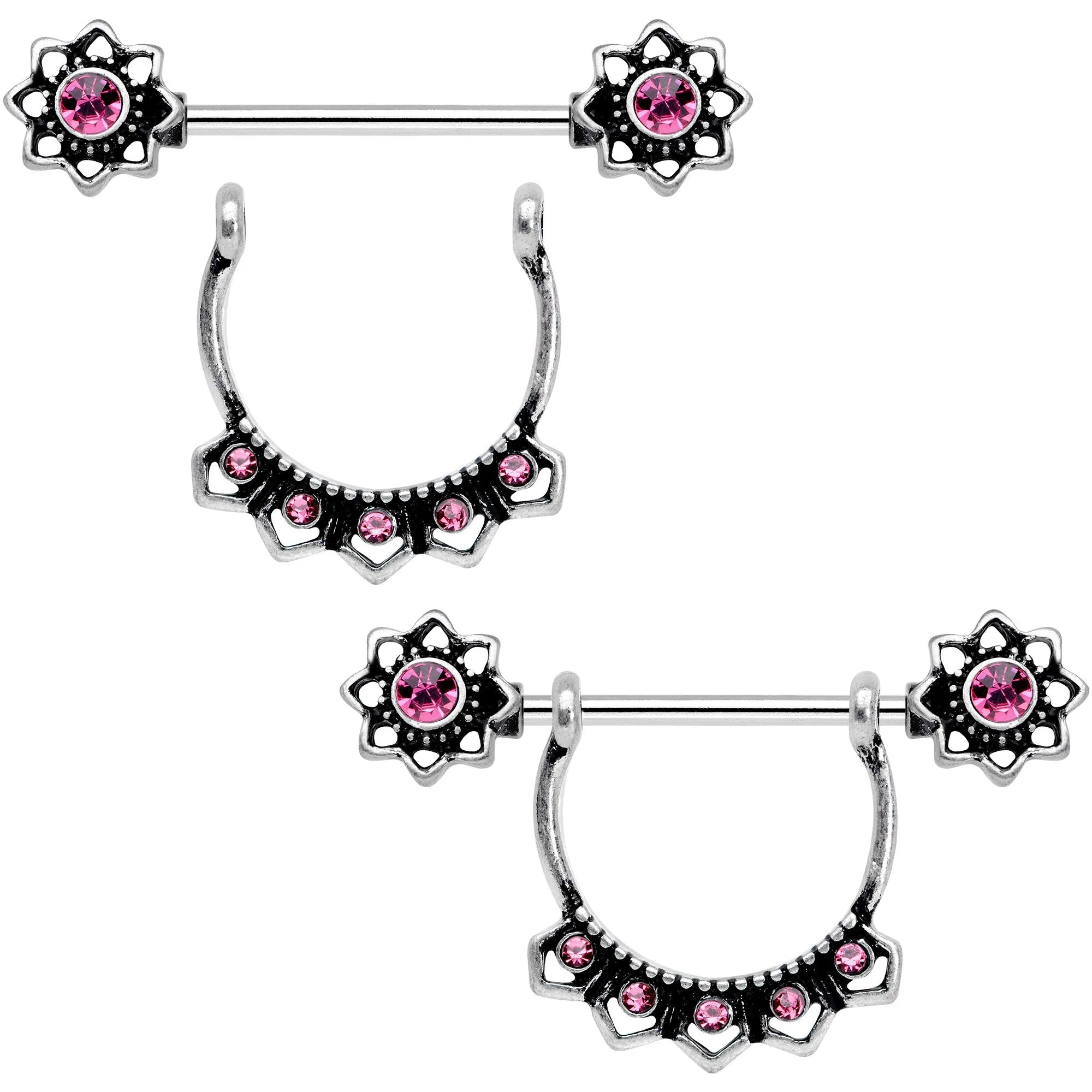 Pink Gem Flapper Fashion Removable Dangle Barbell Nipple Ring Set