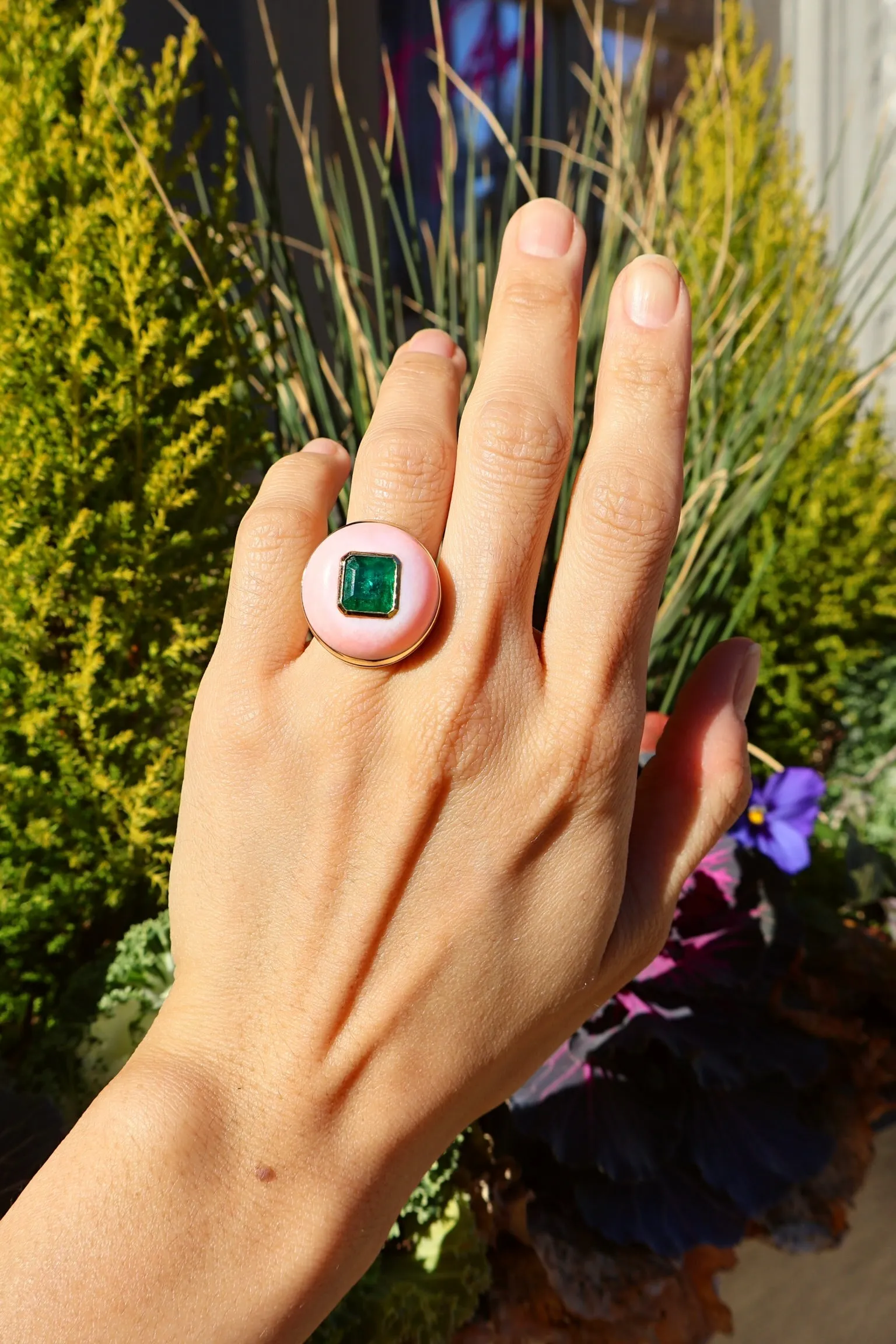 Pink Opal & Emerald Lollipop Ring