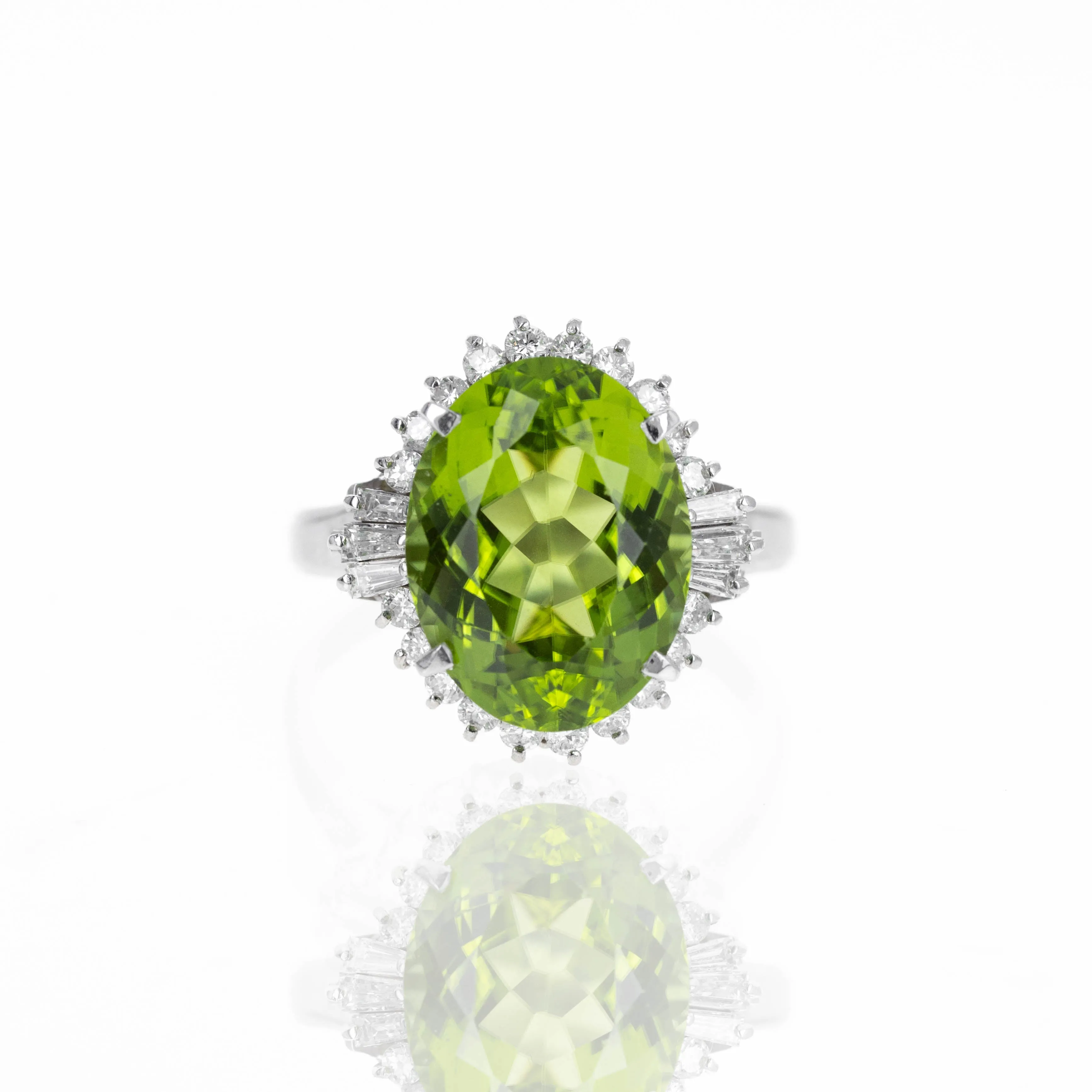 Platinum 7.78 Carat Peridot Diamond Halo Ring