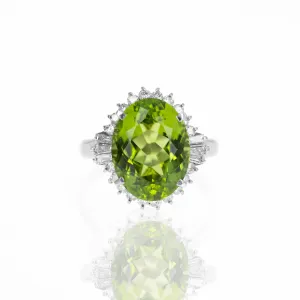 Platinum 7.78 Carat Peridot Diamond Halo Ring