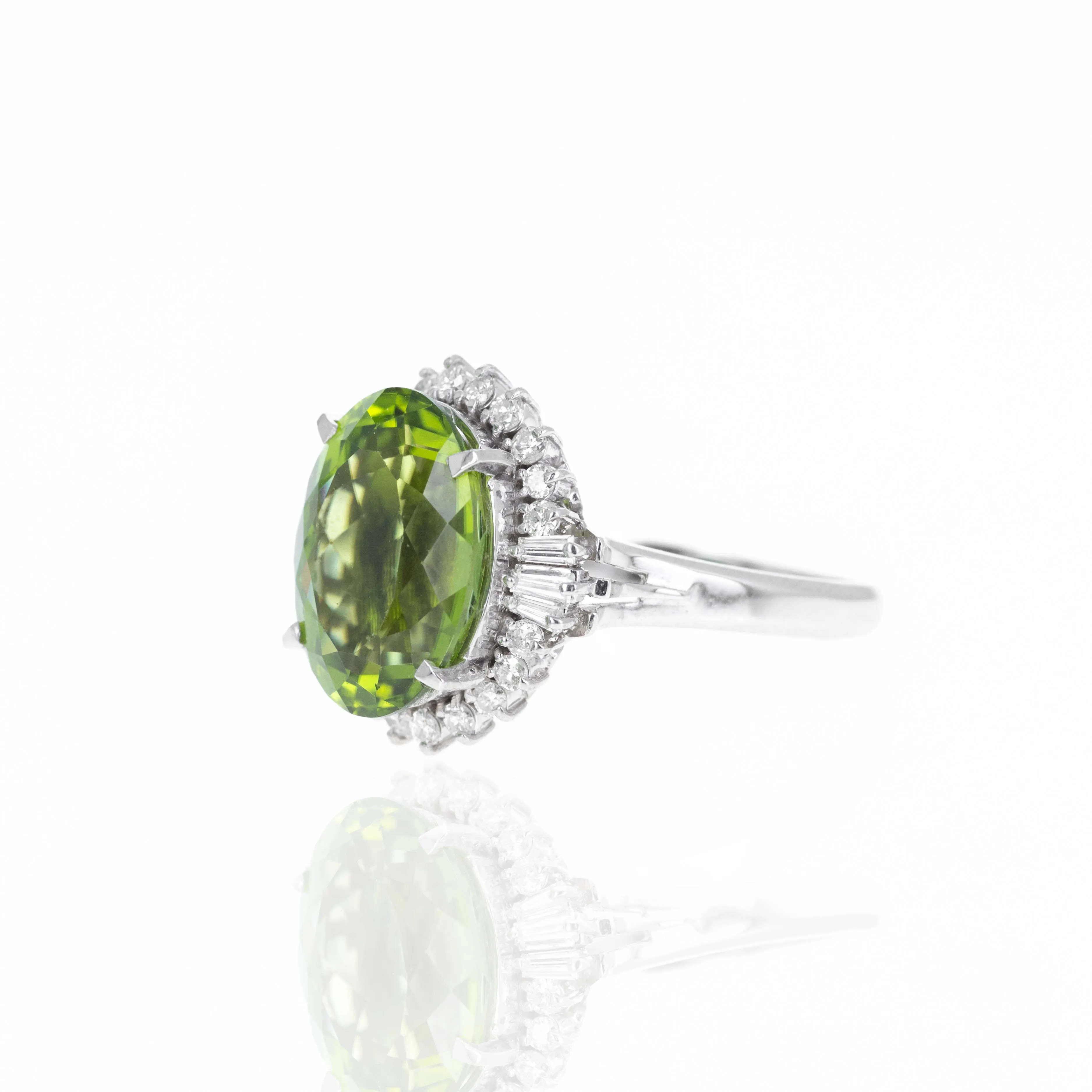 Platinum 7.78 Carat Peridot Diamond Halo Ring
