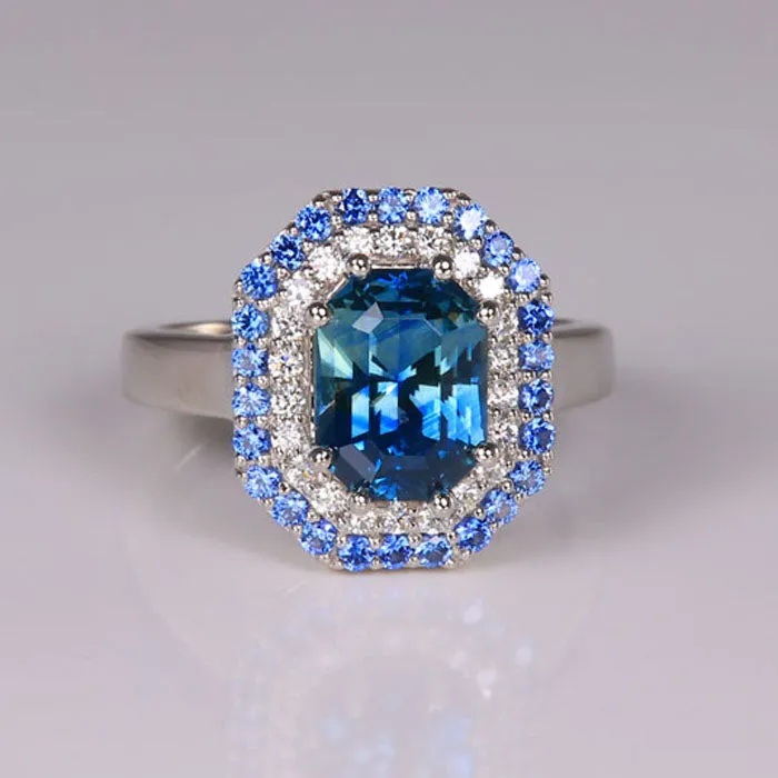 Platinum Barion Style Emerald Cut Sapphire Ring 3.23 Carats