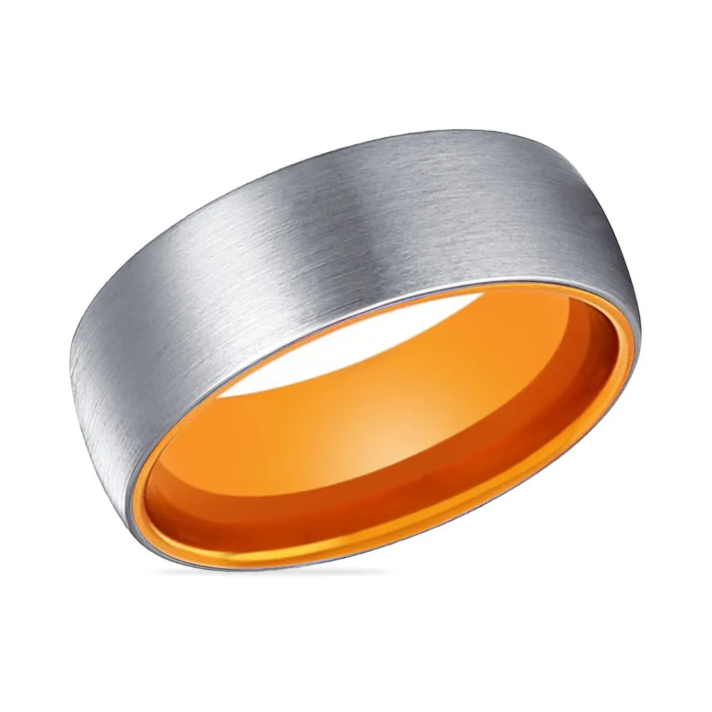 PORSCHE | Orange Ring, Silver Tungsten Ring, Brushed, Domed