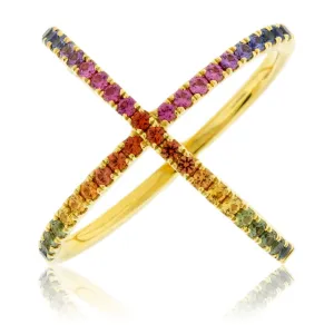 Rainbow Sapphire Cross Over Ring