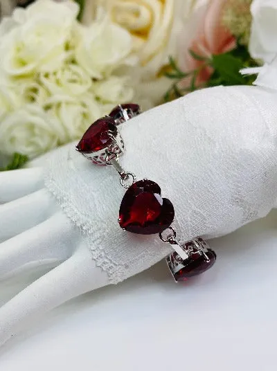 Red Ruby Bracelet, Heart Gems, Victorian Reproduction Jewelry #B38