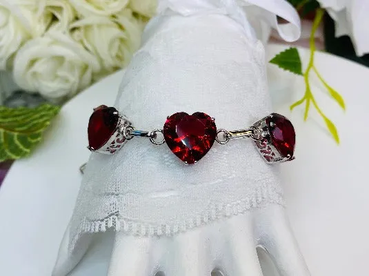Red Ruby Bracelet, Heart Gems, Victorian Reproduction Jewelry #B38