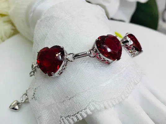 Red Ruby Bracelet, Heart Gems, Victorian Reproduction Jewelry #B38