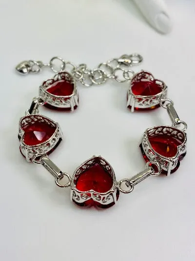 Red Ruby Bracelet, Heart Gems, Victorian Reproduction Jewelry #B38