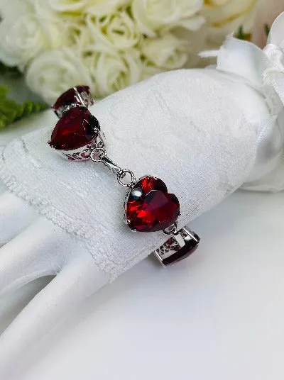 Red Ruby Bracelet, Heart Gems, Victorian Reproduction Jewelry #B38