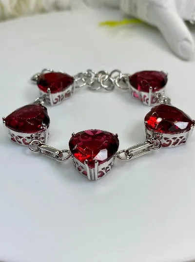 Red Ruby Bracelet, Heart Gems, Victorian Reproduction Jewelry #B38