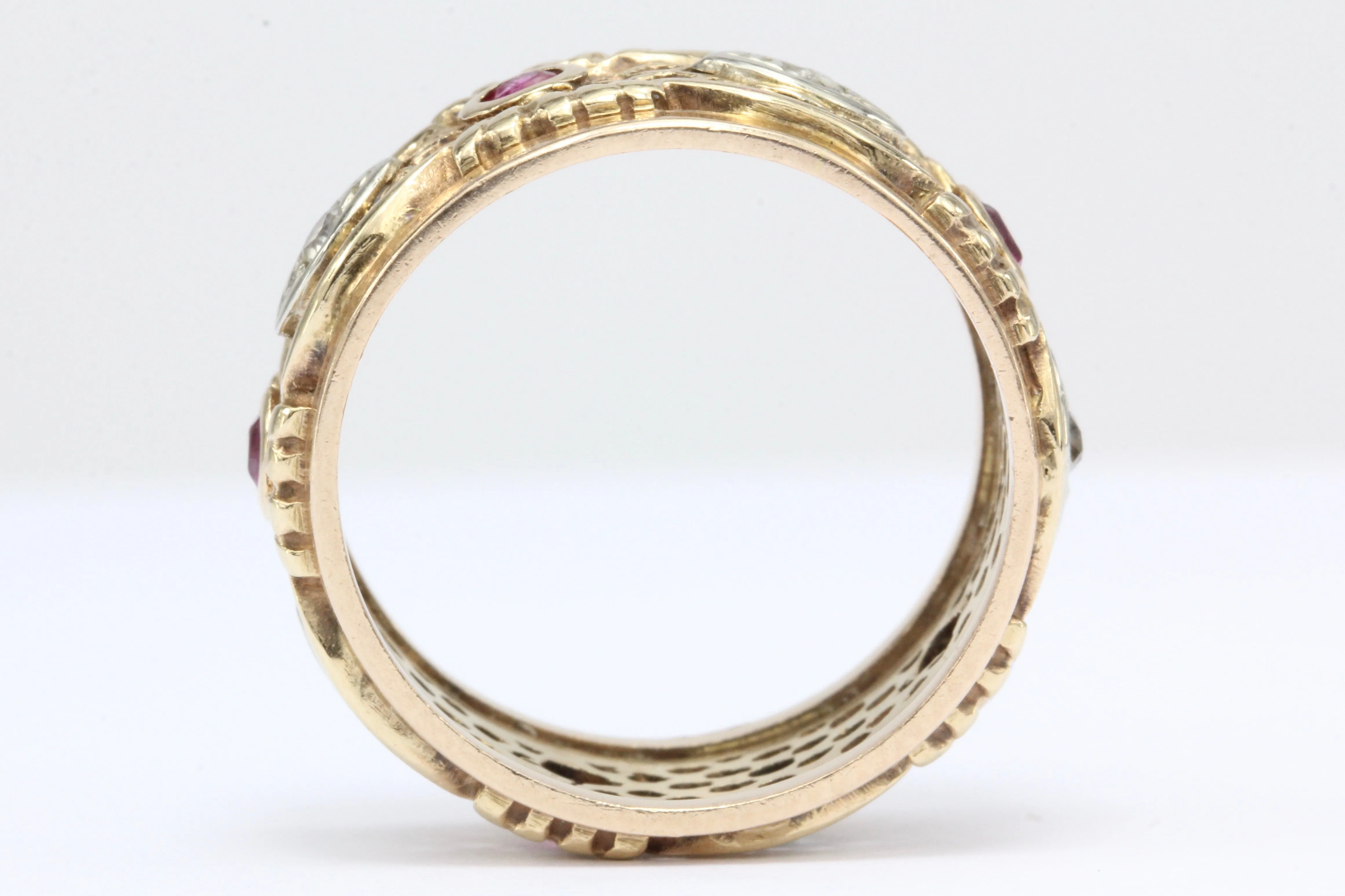Retro 14K Rose Gold Diamond Ruby Pierced Cigar Band Ring C.1940's