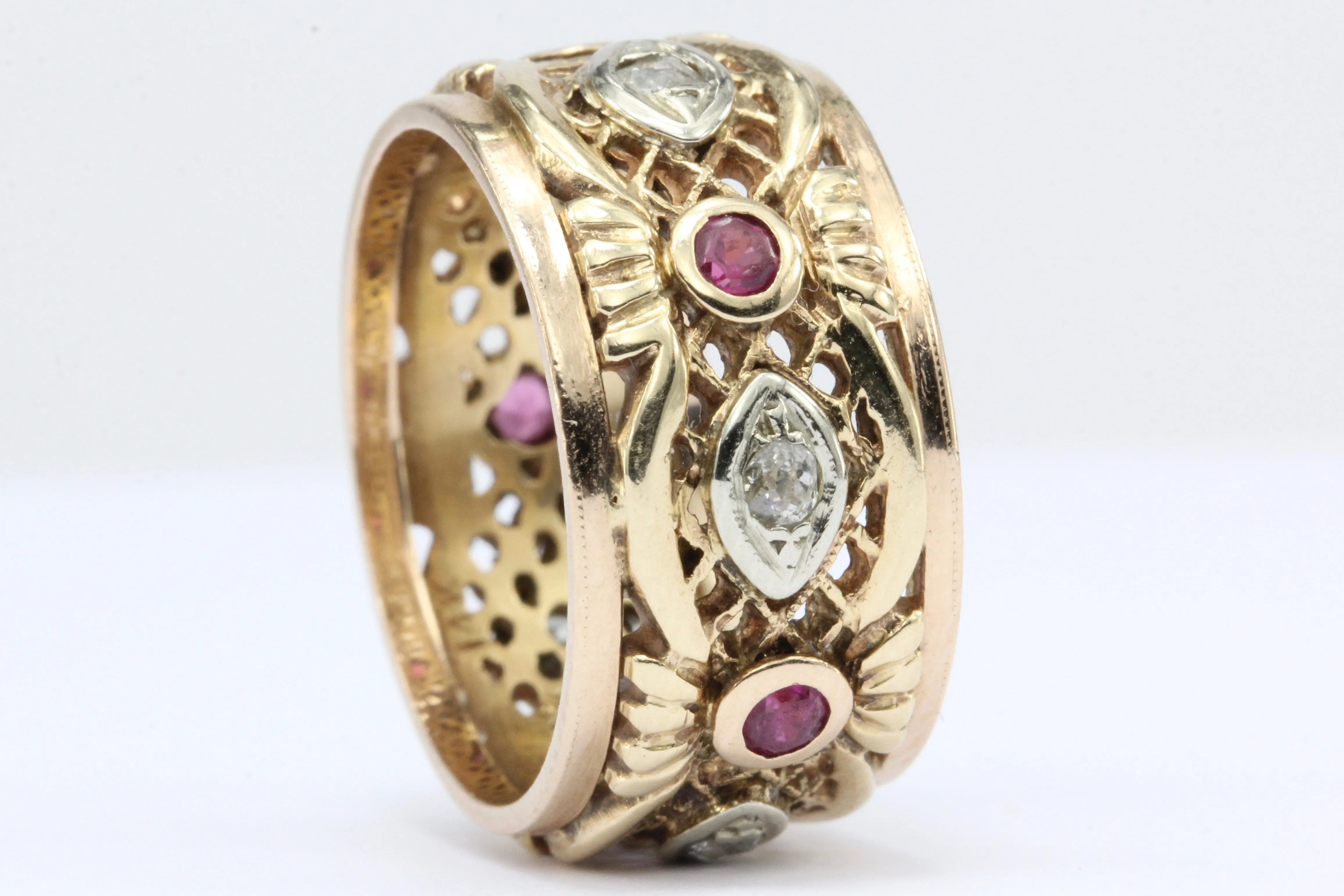 Retro 14K Rose Gold Diamond Ruby Pierced Cigar Band Ring C.1940's