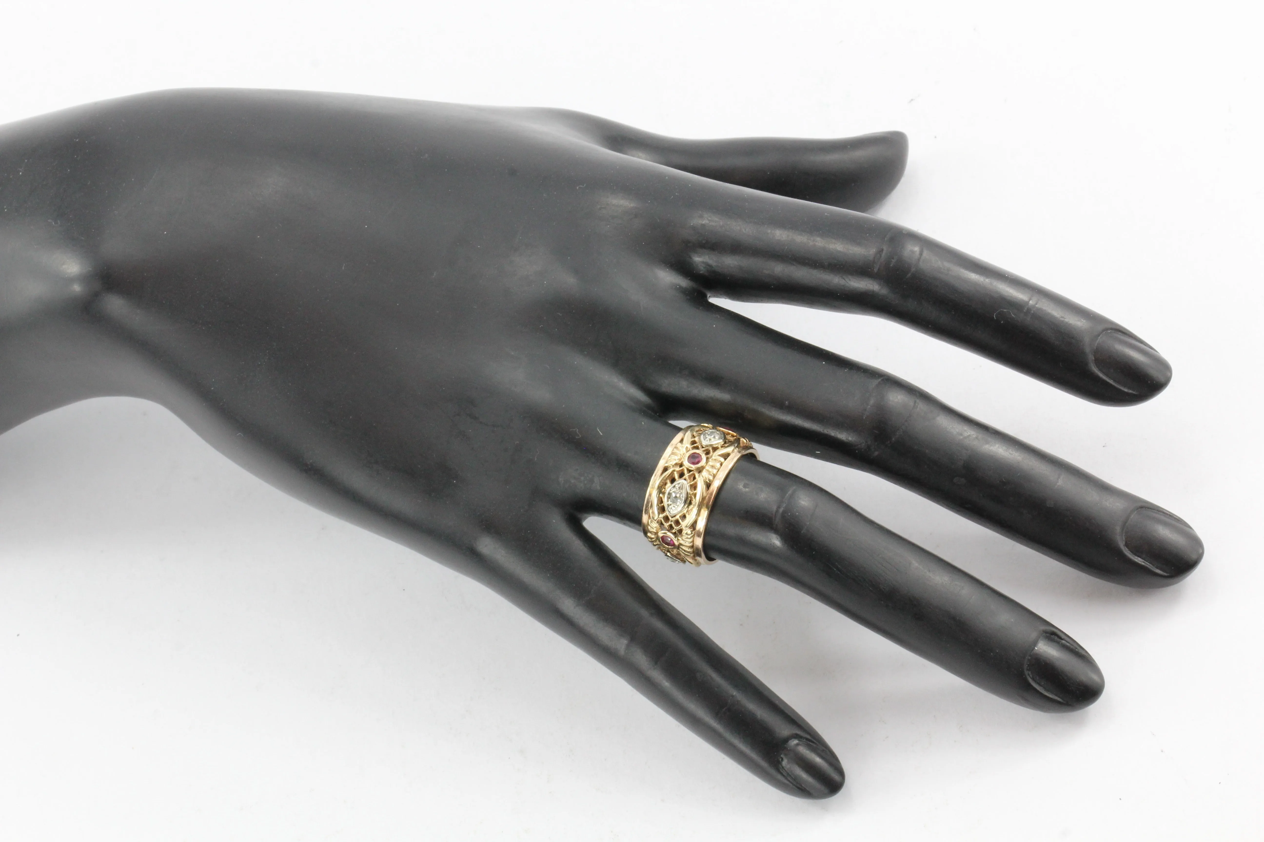 Retro 14K Rose Gold Diamond Ruby Pierced Cigar Band Ring C.1940's