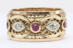 Retro 14K Rose Gold Diamond Ruby Pierced Cigar Band Ring C.1940's