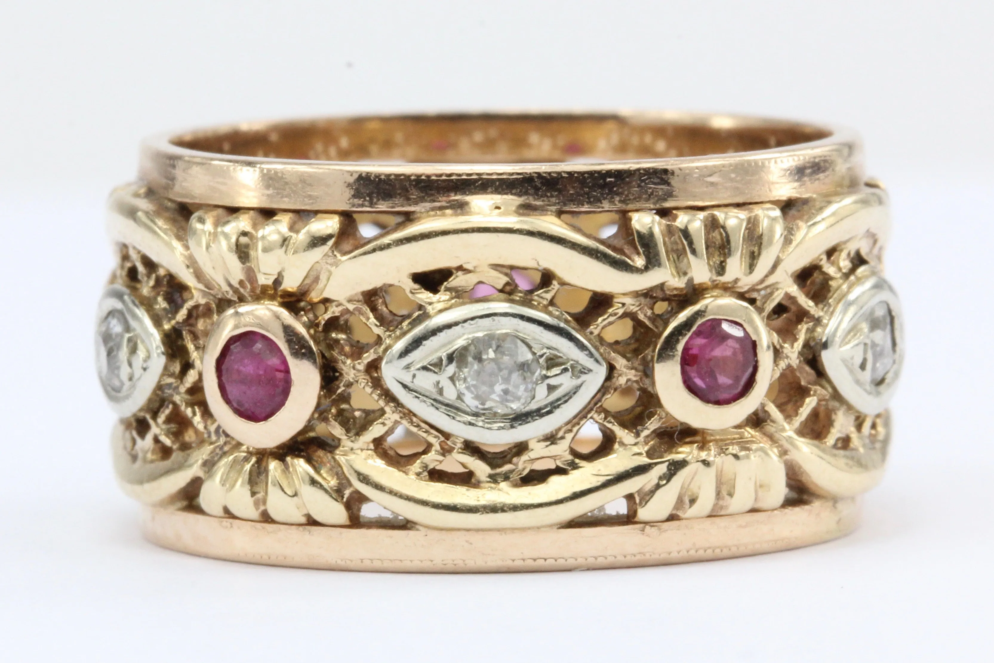 Retro 14K Rose Gold Diamond Ruby Pierced Cigar Band Ring C.1940's