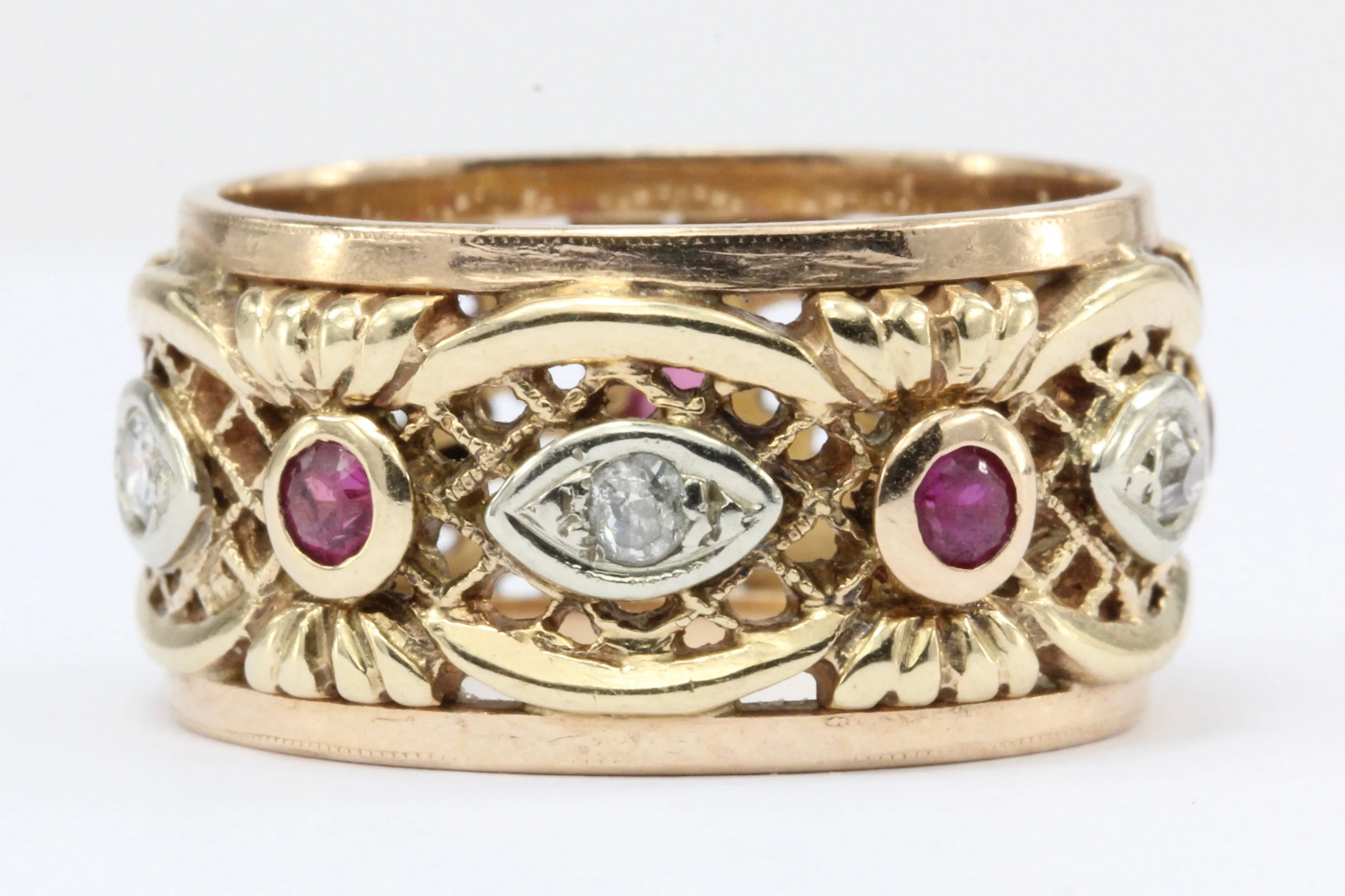 Retro 14K Rose Gold Diamond Ruby Pierced Cigar Band Ring C.1940's