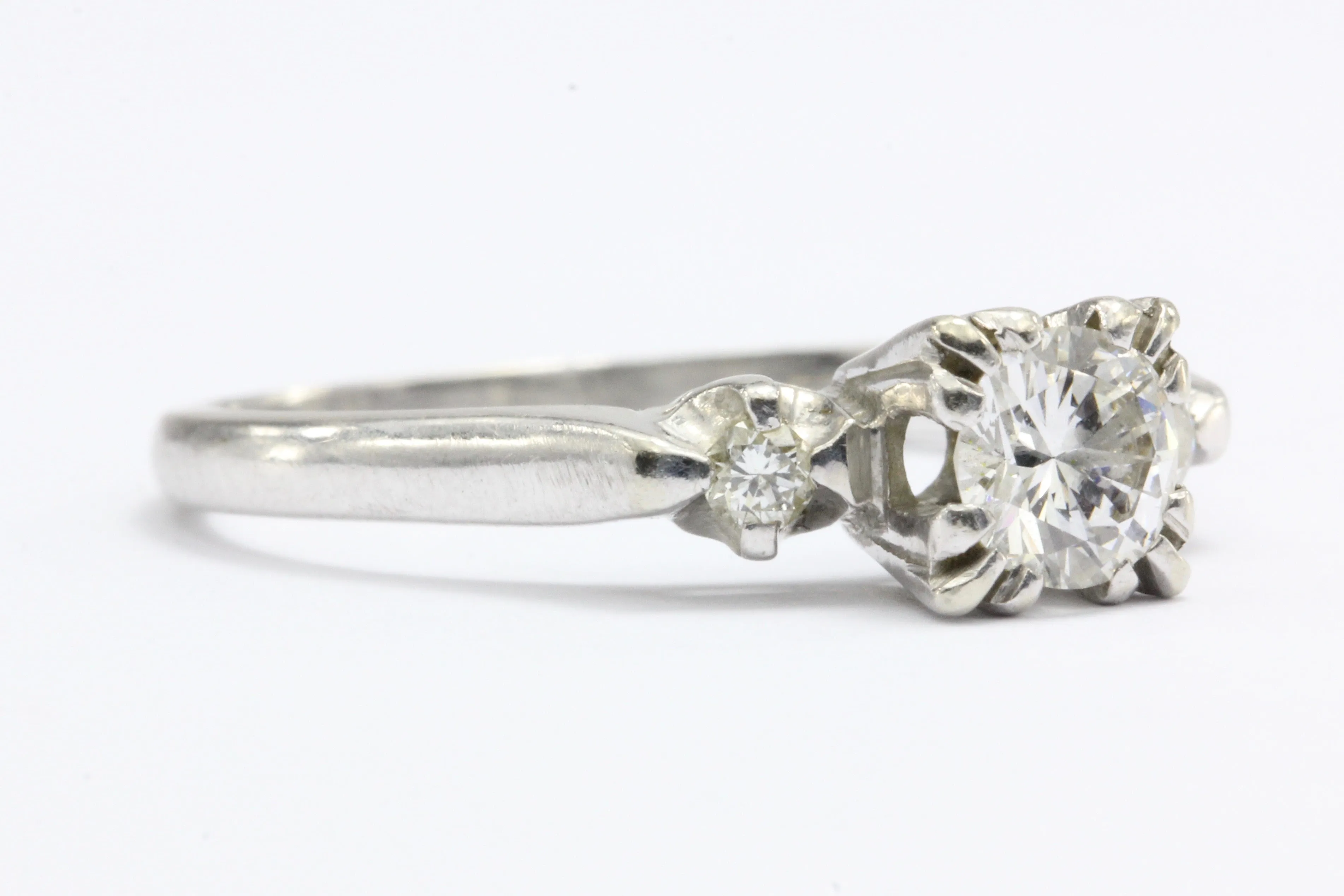 Retro 14K White Gold 3 Stone Diamond Engagement Ring c. 1940's
