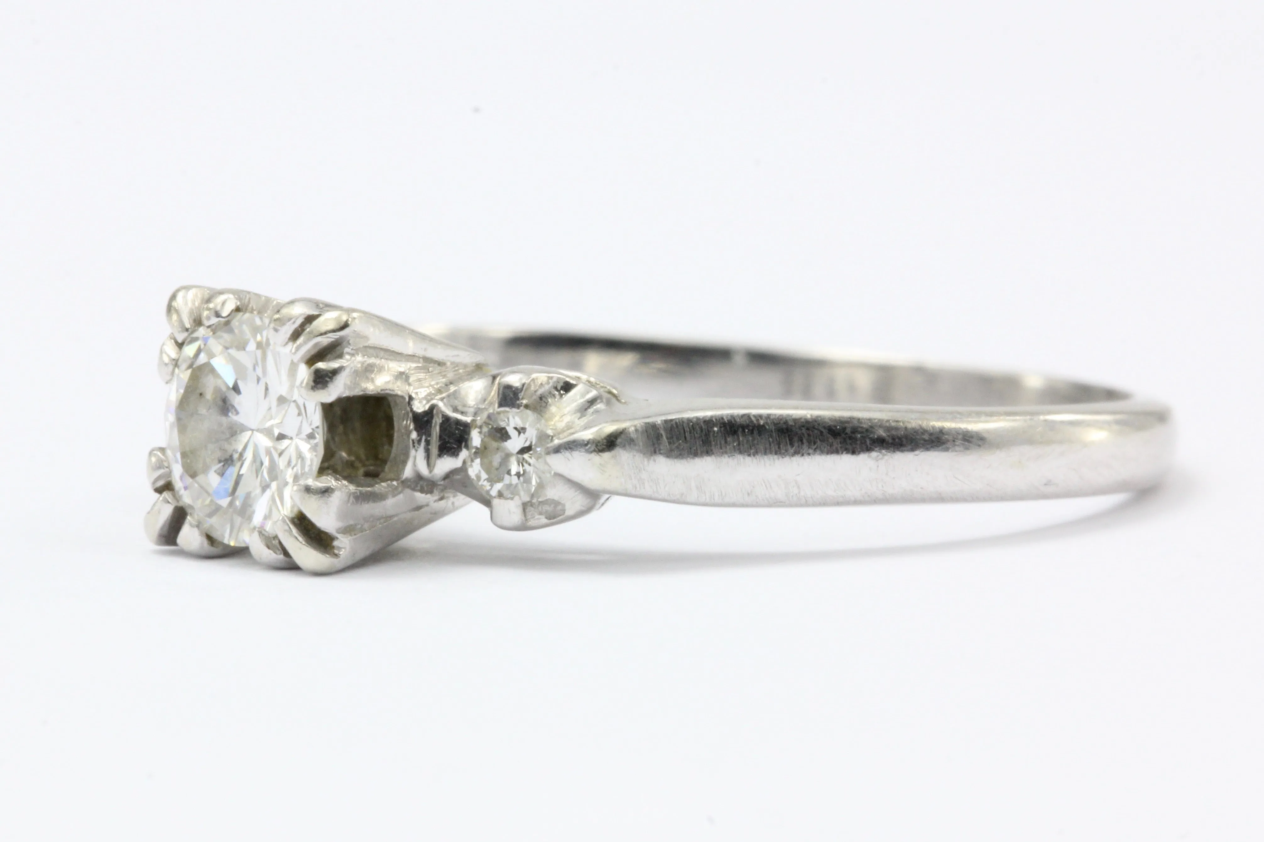 Retro 14K White Gold 3 Stone Diamond Engagement Ring c. 1940's
