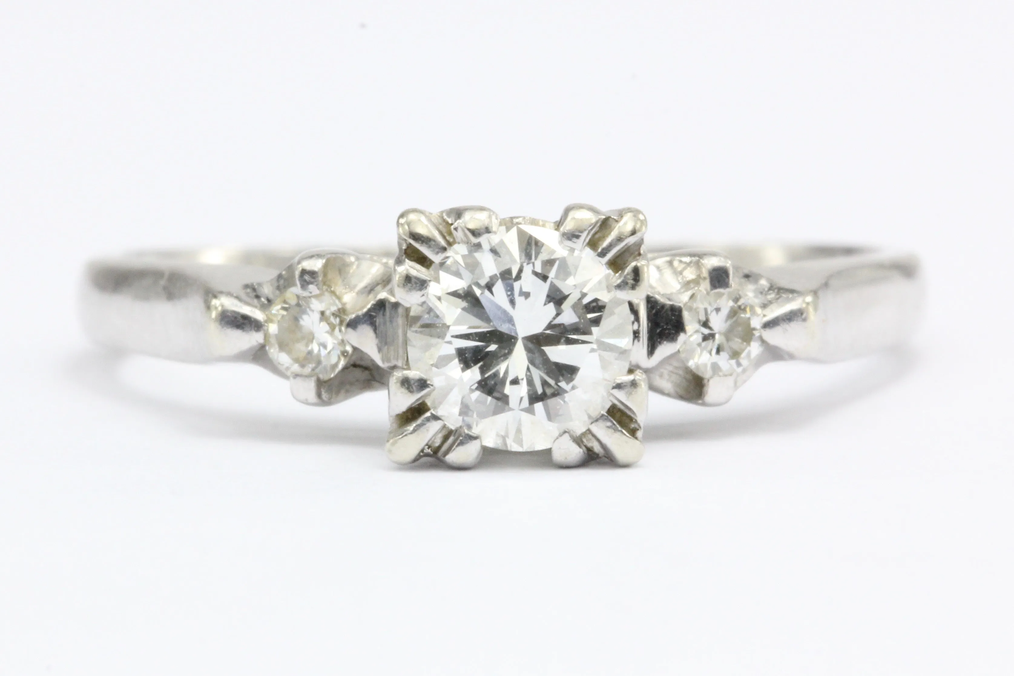 Retro 14K White Gold 3 Stone Diamond Engagement Ring c. 1940's