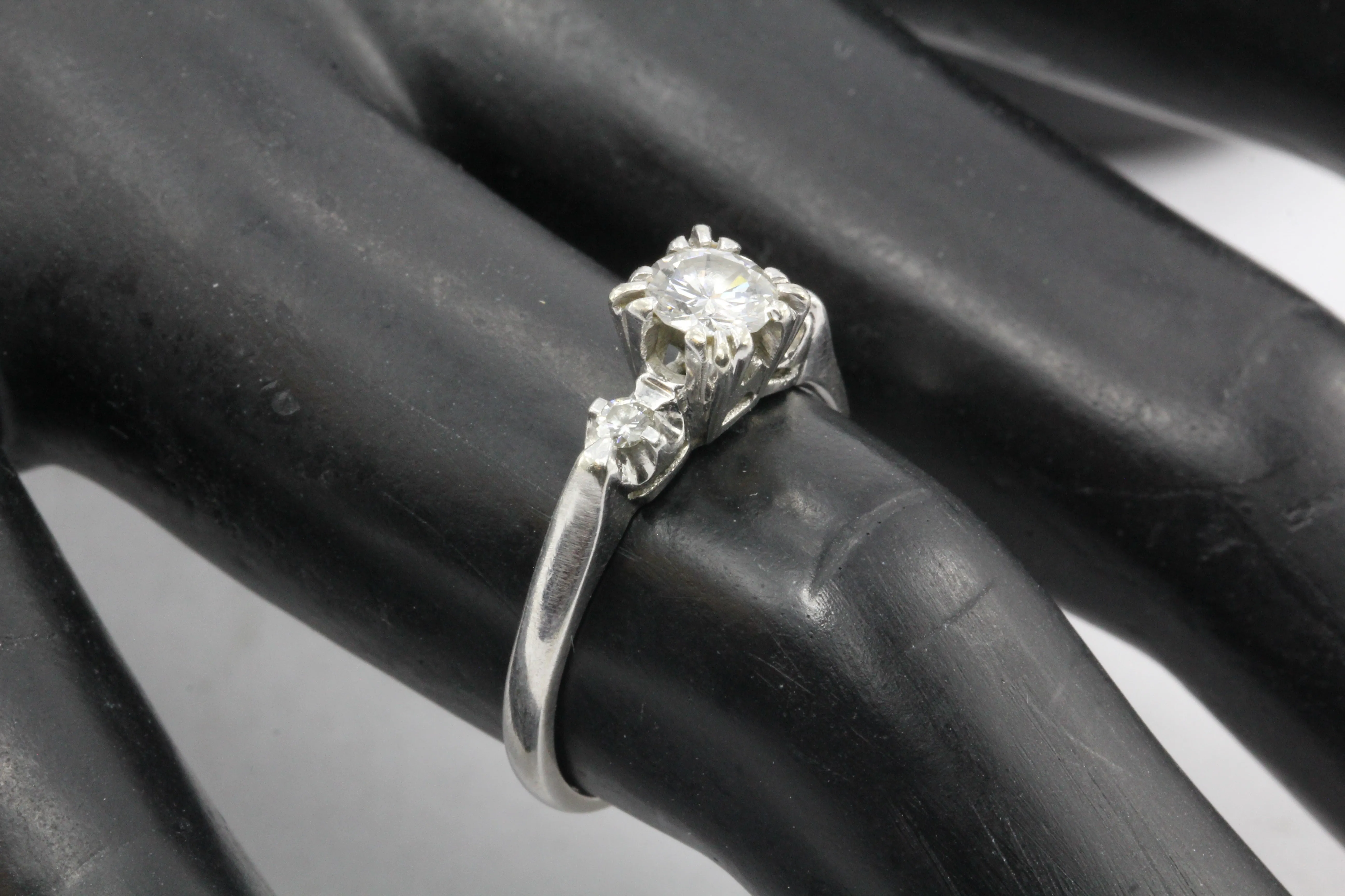 Retro 14K White Gold 3 Stone Diamond Engagement Ring c. 1940's