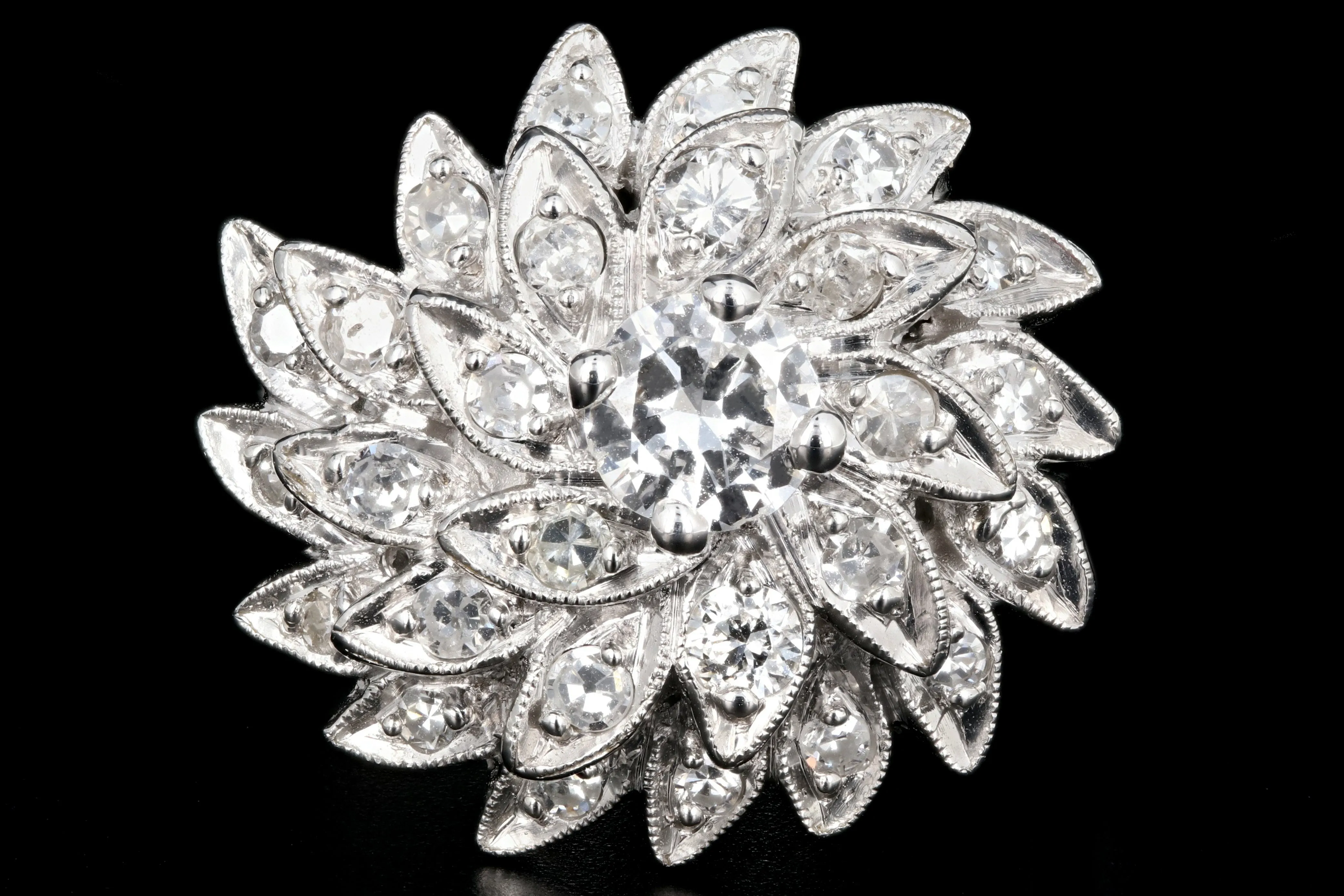 Retro 14K White Gold Diamond Cocktail Sunburst Cluster Ring c.1960's