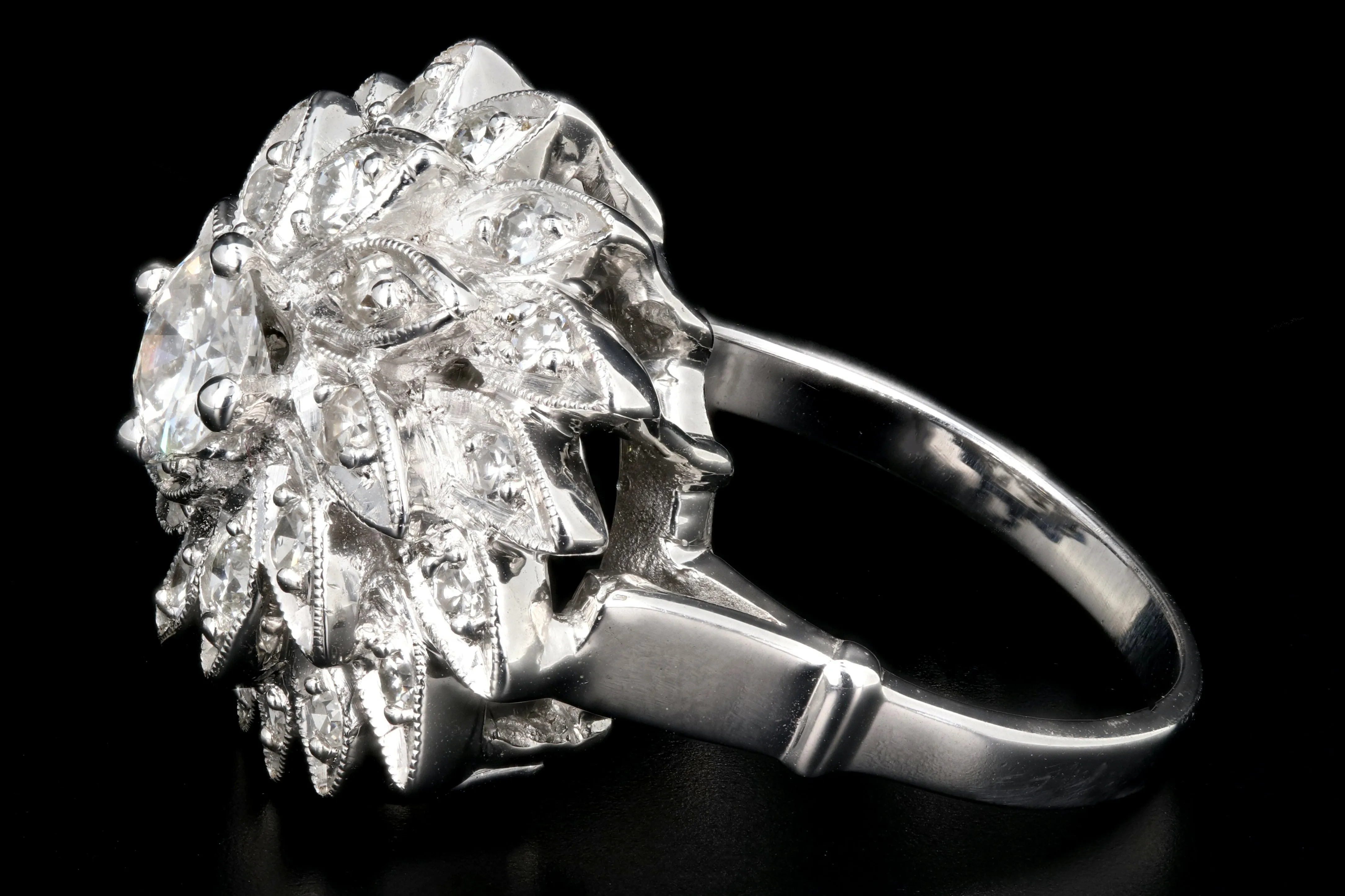 Retro 14K White Gold Diamond Cocktail Sunburst Cluster Ring c.1960's